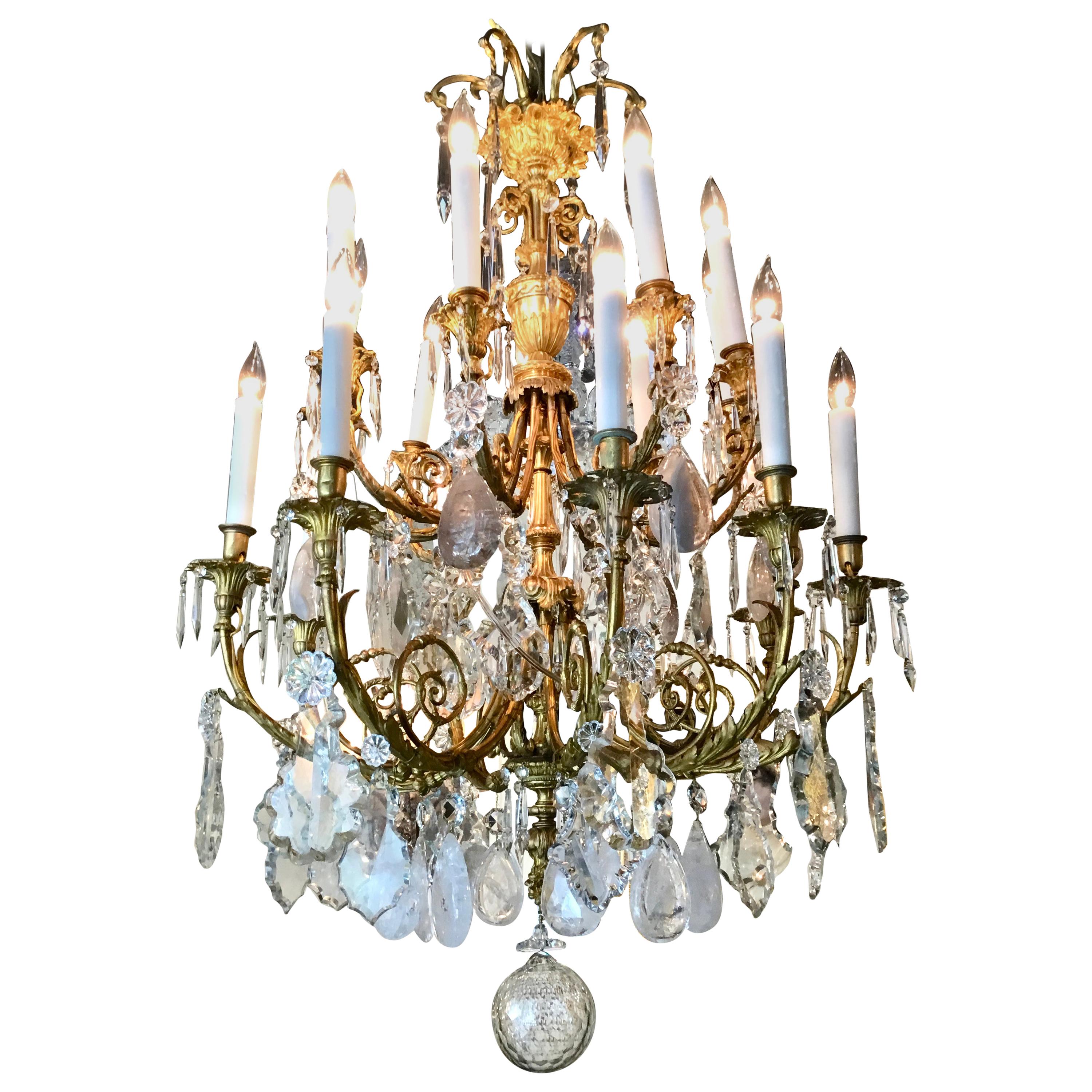 Exceptional French Chandelier, Bronze Dore Clear Crystal, Rock and Smoke Crystal