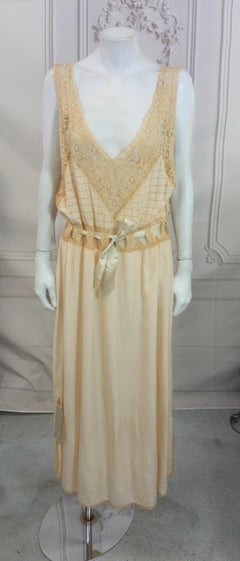 Exceptional French Embroidered Handmade Lace and Silk Crepe Slip Dress