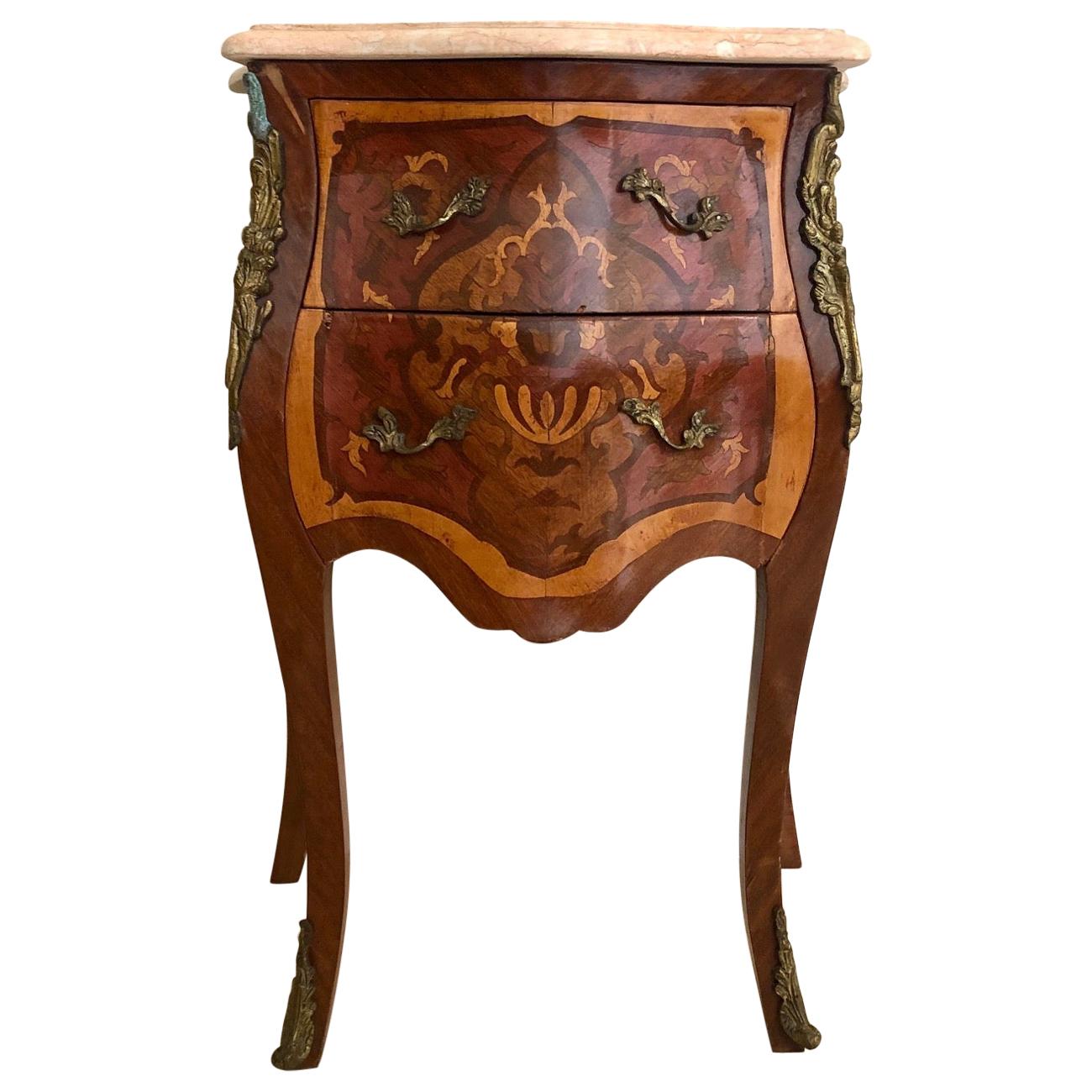 Exceptional French Louis XV Marquetry Marble-Top Nightstand or Side Table