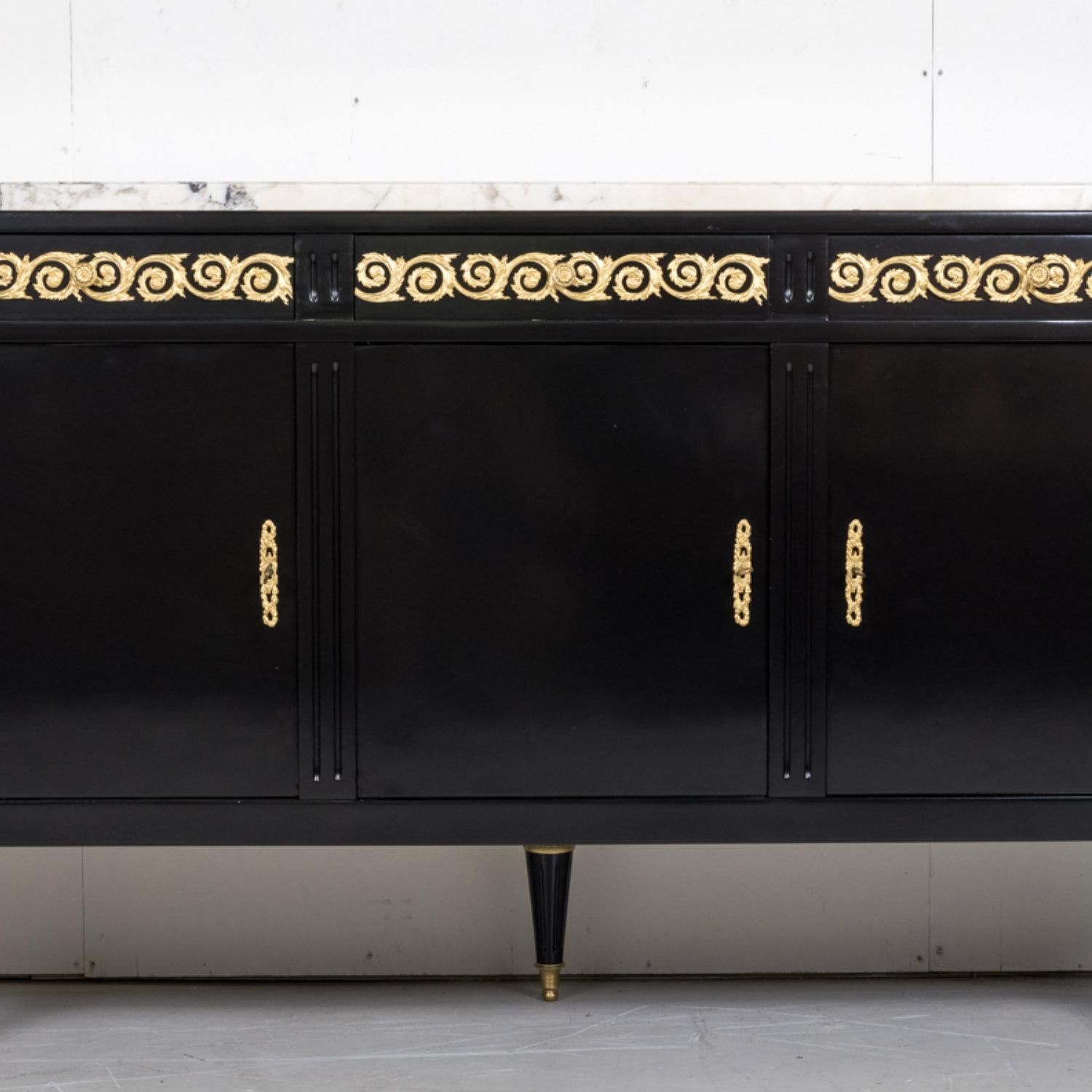 Exceptional French Louis XVI Style Ebonized Enfilade Buffet with Marble Top 12