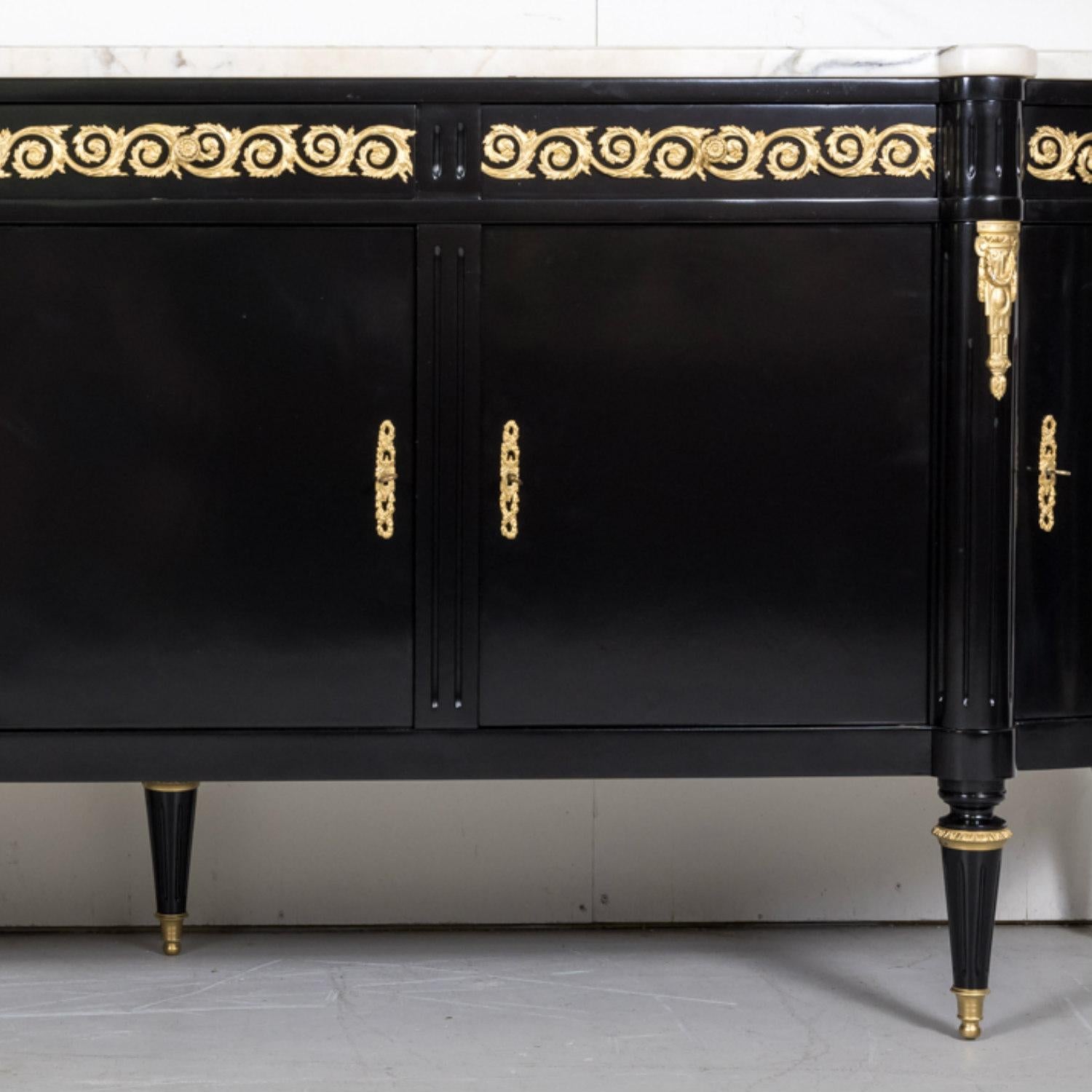 Exceptional French Louis XVI Style Ebonized Enfilade Buffet with Marble Top 13