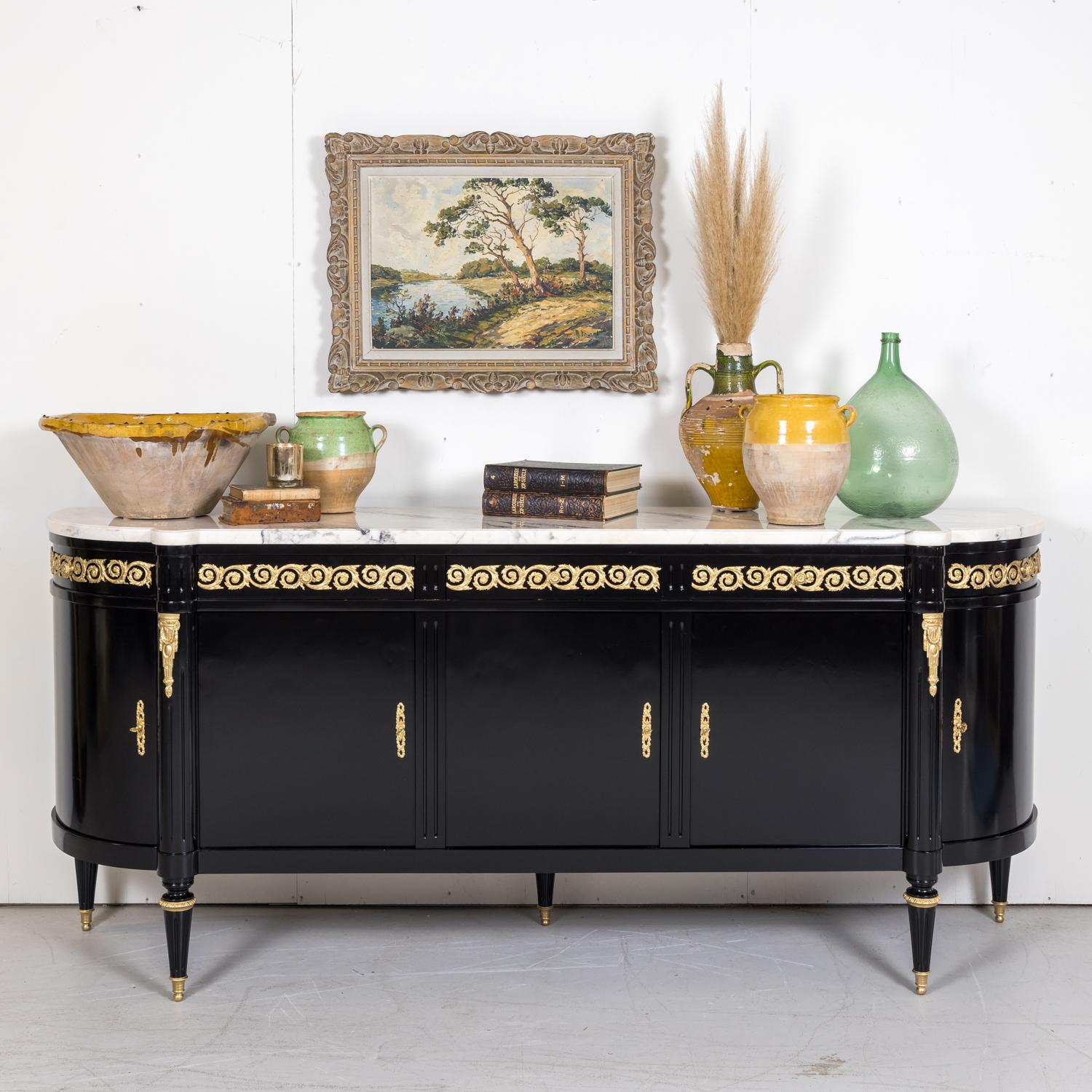 Exceptional French Louis XVI Style Ebonized Enfilade Buffet with Marble Top 14