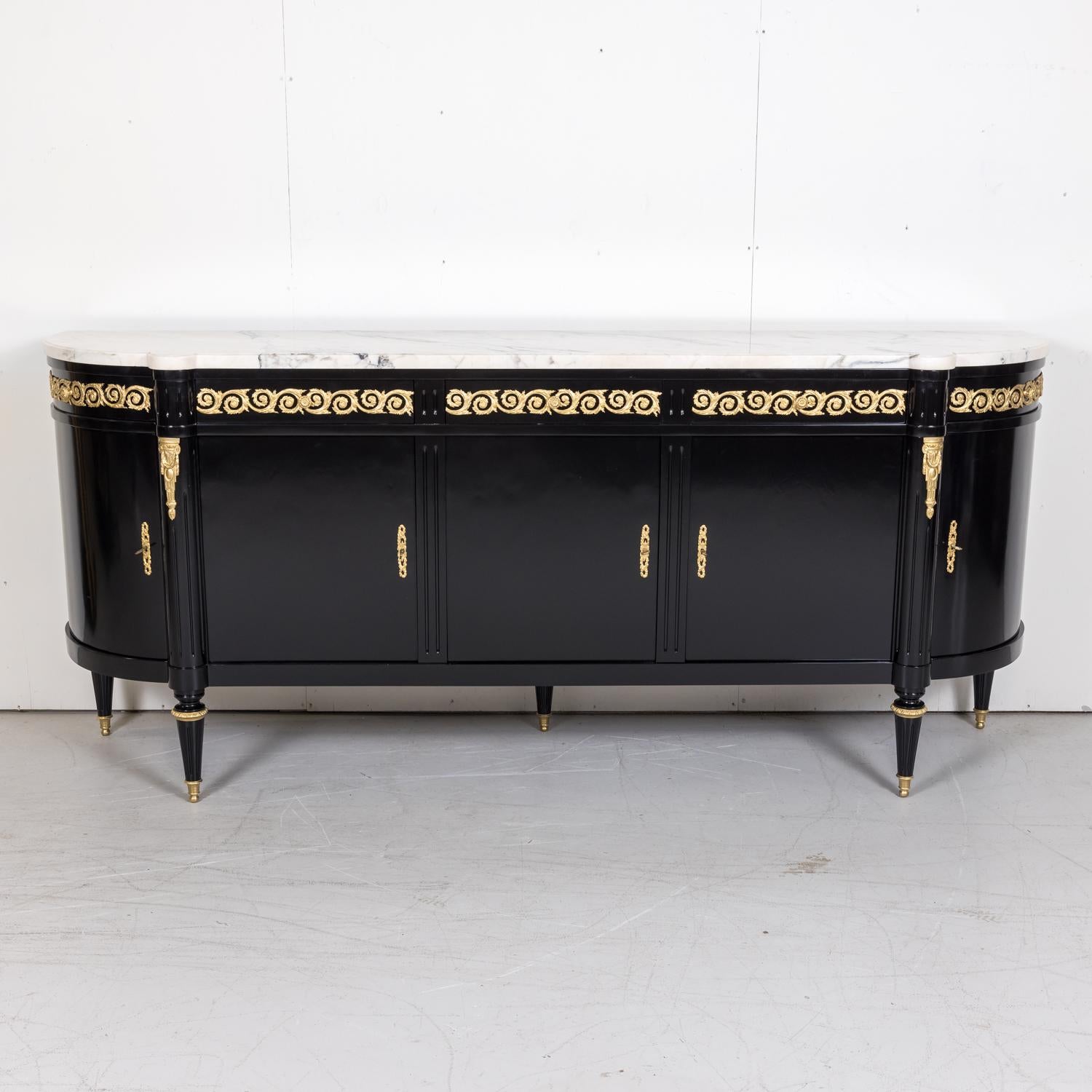 Exceptional French Louis XVI Style Ebonized Enfilade Buffet with Marble Top In Good Condition In Birmingham, AL