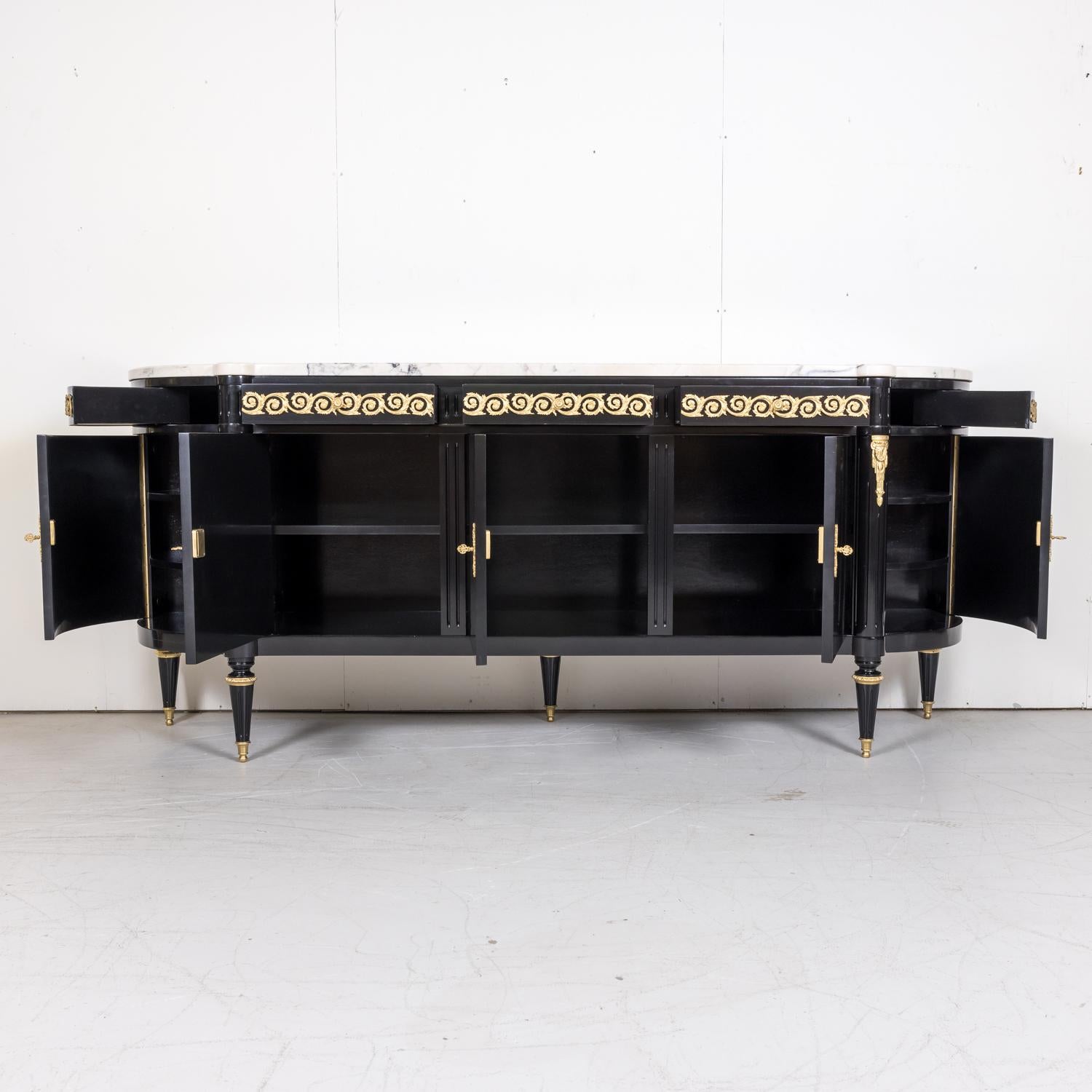 Mid-20th Century Exceptional French Louis XVI Style Ebonized Enfilade Buffet with Marble Top