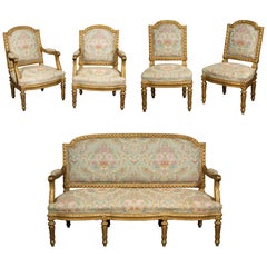 Exceptional French Louis XVI  Style Five-Piece Gilt-wood Salon Suite Set