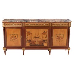 Exceptional French Louis XVI style marble top, inlaid sideboard / buffet, C 1950