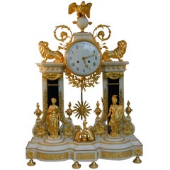 Antique Exceptional French Louis XVI Style Ormolu Mounted White Marble Portico Clock
