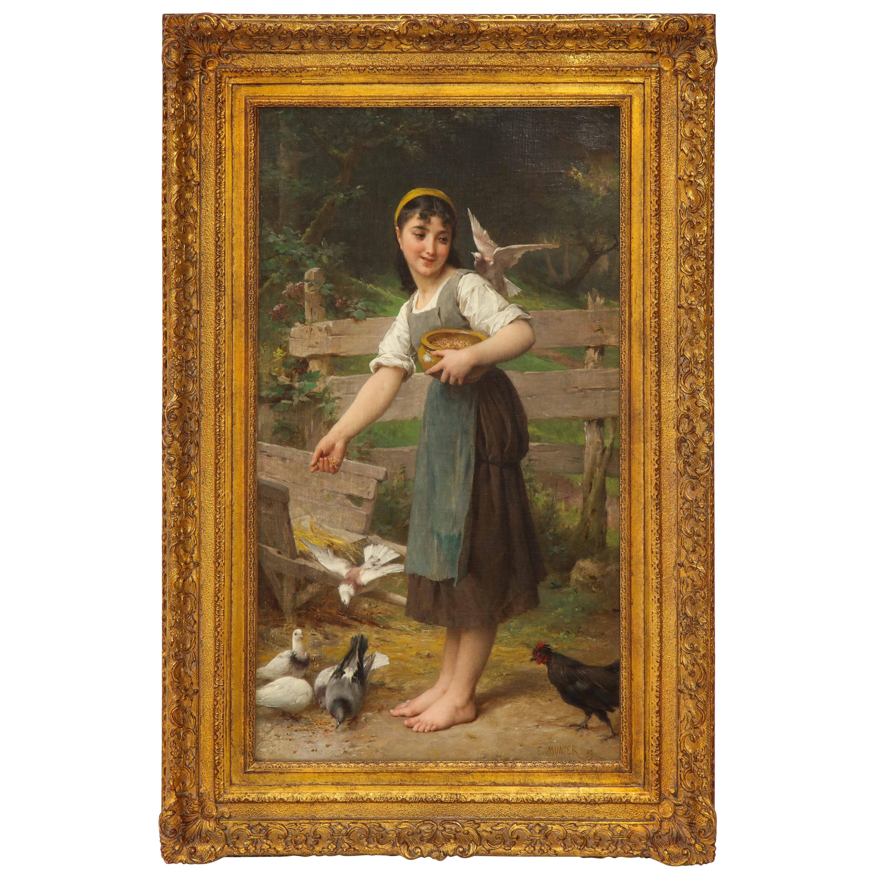 Exceptional French Oil on Canvas, "Feeding the Doves", Signed by E. Munier