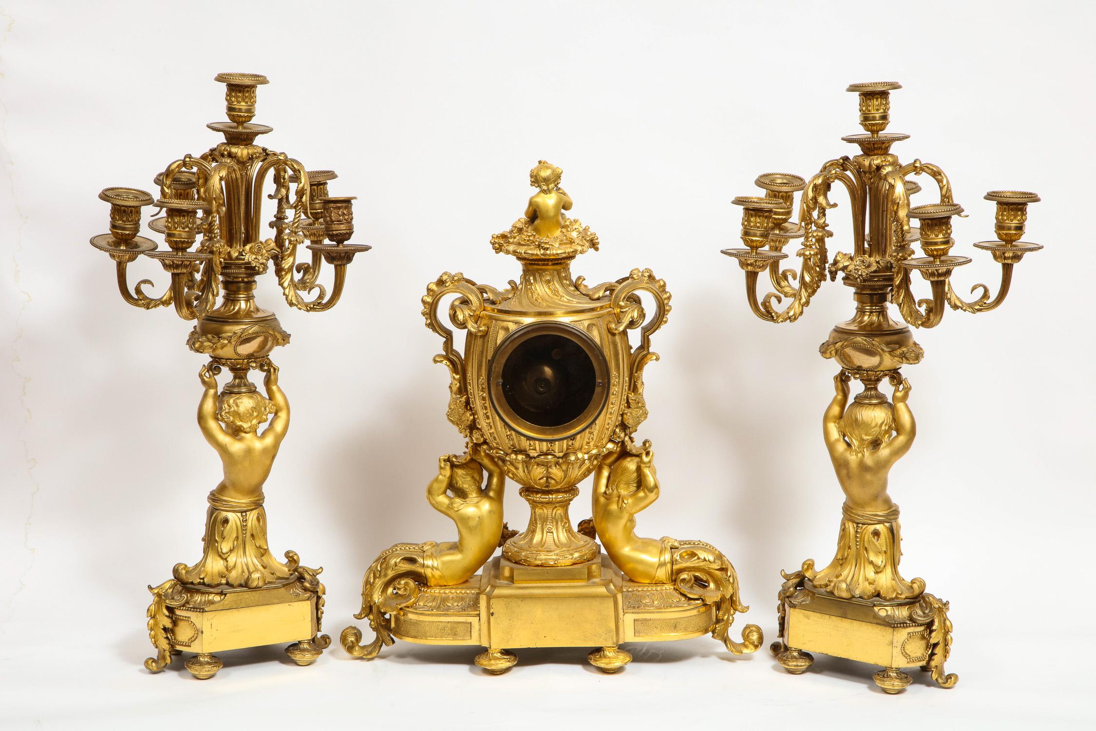 Exceptional French Ormolu-Mounted Porcelain Three-Piece Clock Garniture Set 4