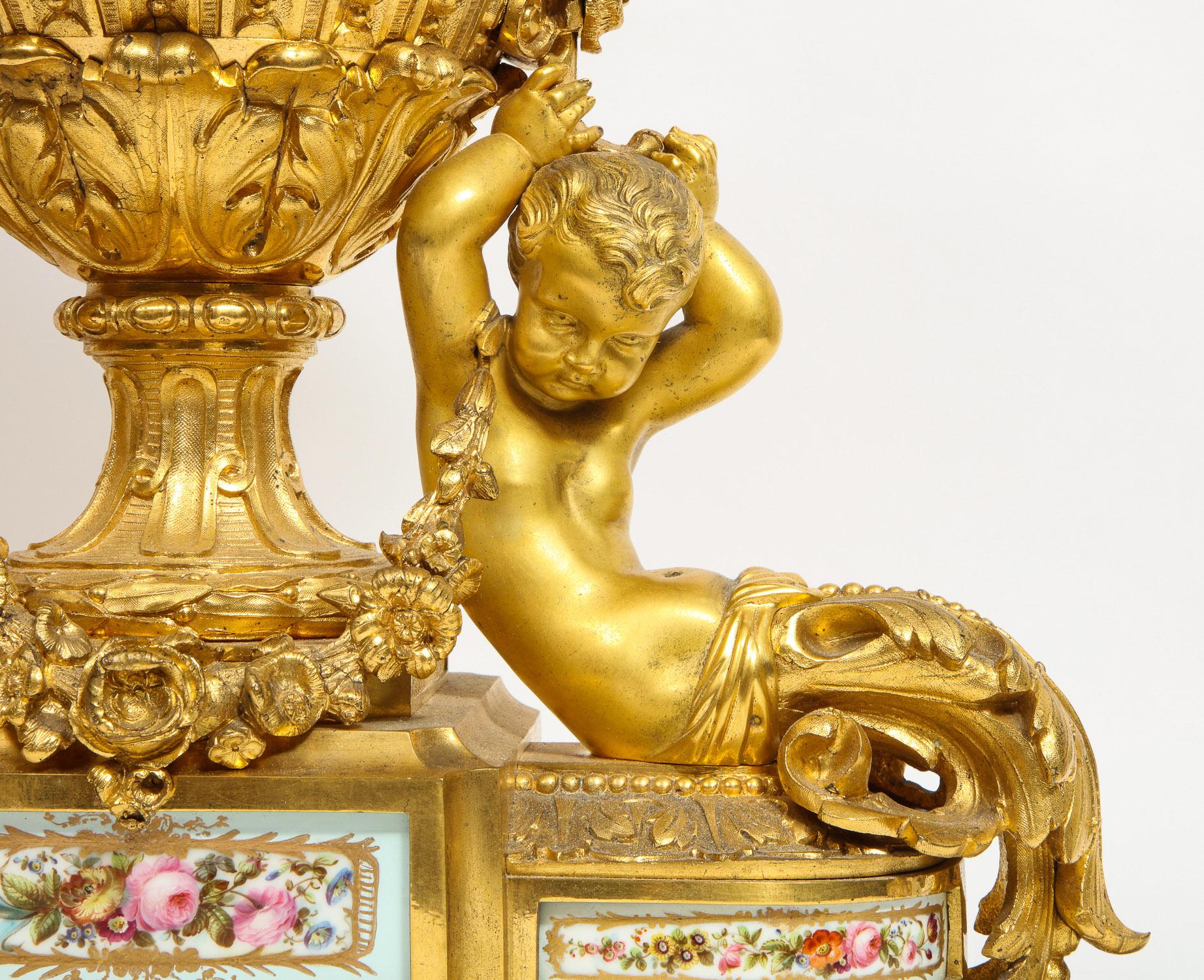 Exceptional French Ormolu-Mounted Porcelain Three-Piece Clock Garniture Set In Good Condition In New York, NY