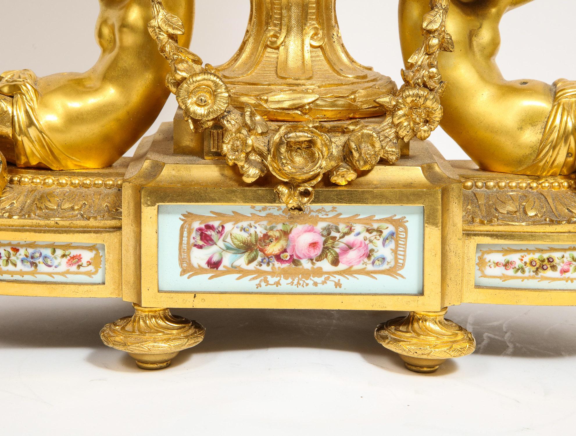 19th Century Exceptional French Ormolu-Mounted Porcelain Three-Piece Clock Garniture Set