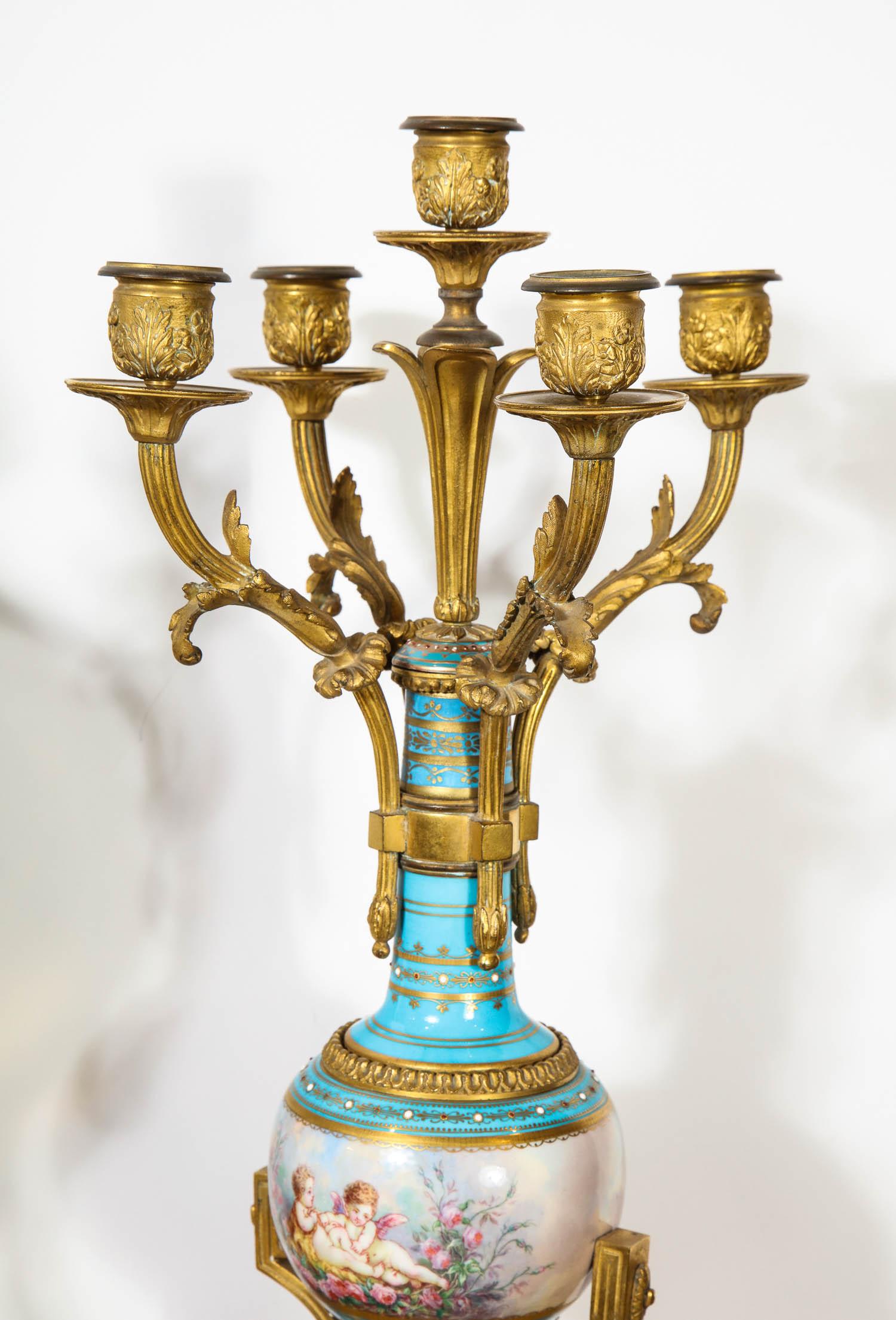 Exceptional French Ormolu-Mounted Turquoise Jeweled Sevres Porcelain Clock Set 4