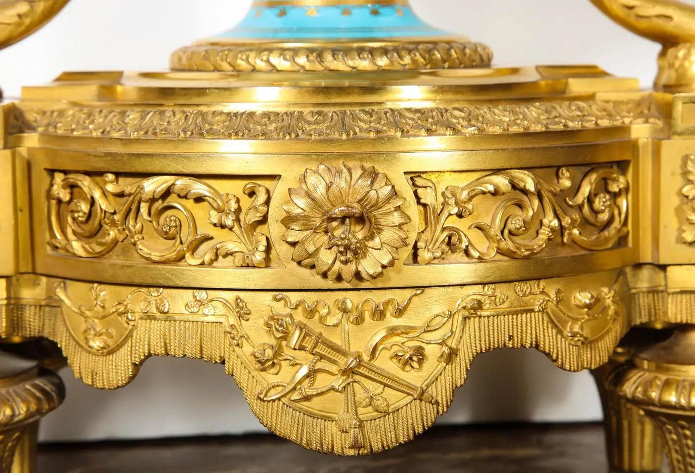 Exceptional French Ormolu-Mounted Turquoise Jeweled Sevres Porcelain Clock Set For Sale 6