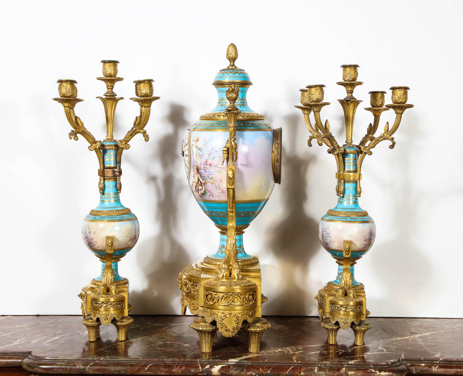 Exceptional French Ormolu-Mounted Turquoise Jeweled Sevres Porcelain Clock Set For Sale 9