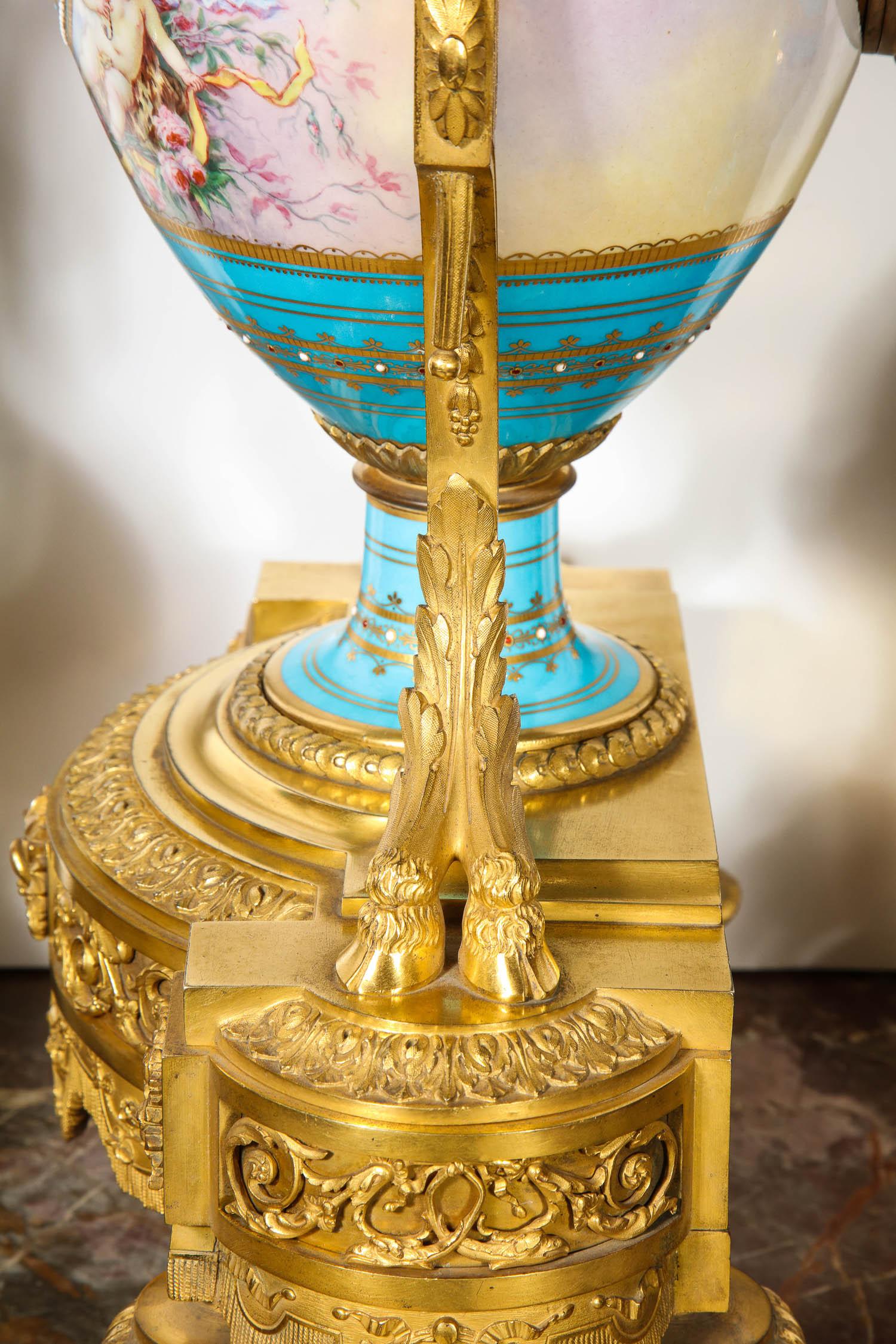 Exceptional French Ormolu-Mounted Turquoise Jeweled Sevres Porcelain Clock Set For Sale 10