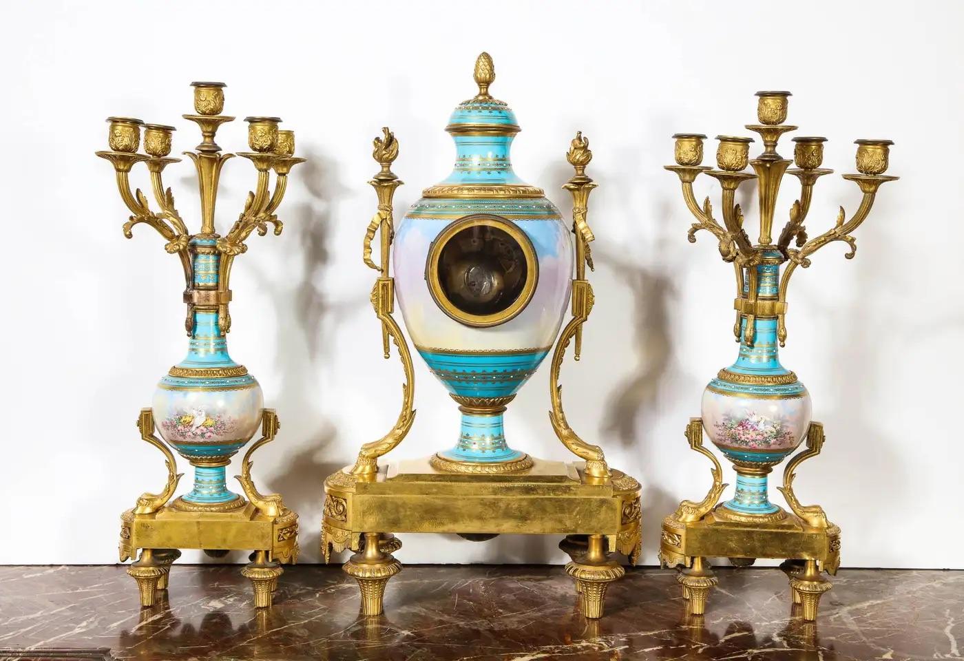Exceptional French Ormolu-Mounted Turquoise Jeweled Sevres Porcelain Clock Set For Sale 11