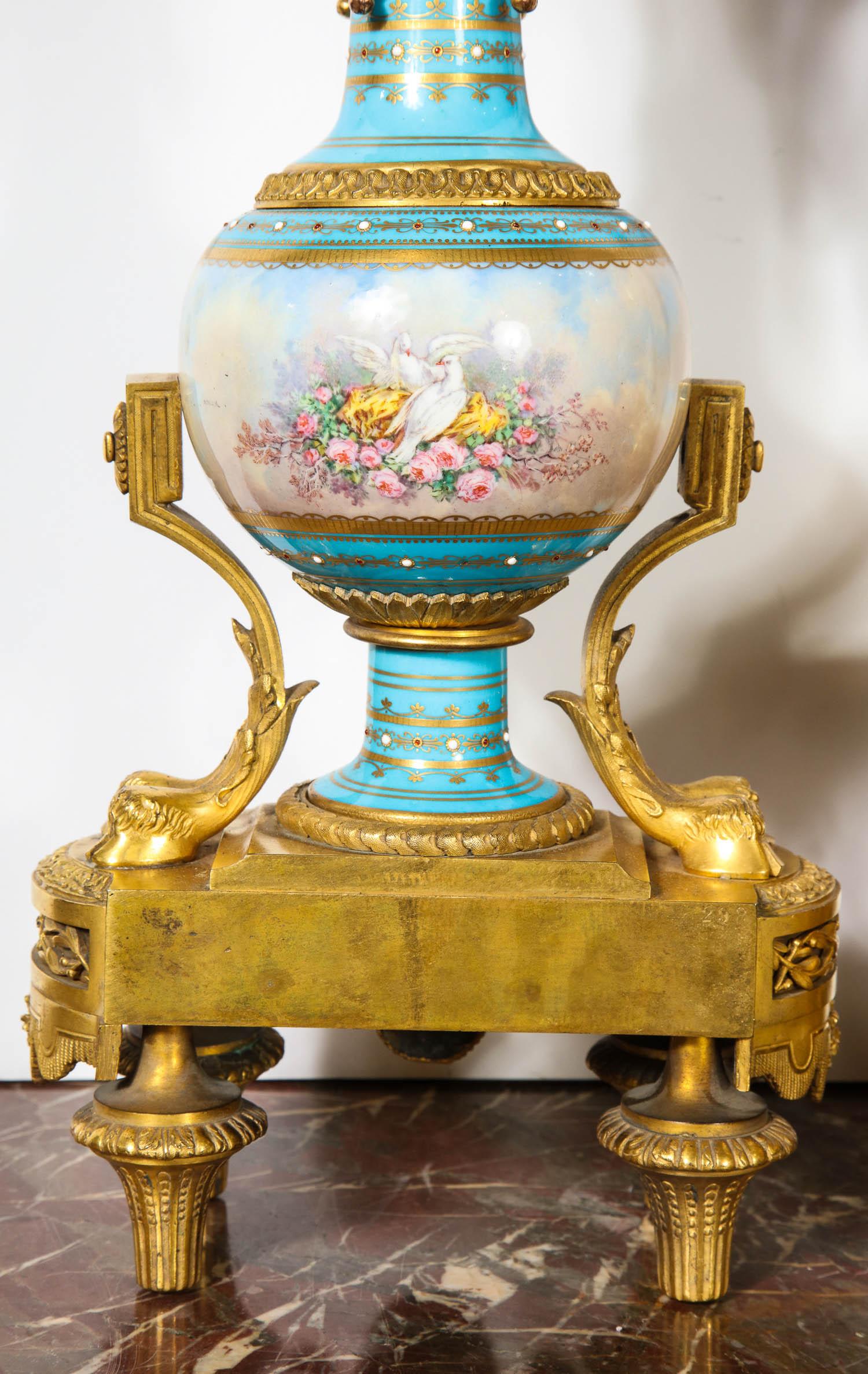 Exceptional French Ormolu-Mounted Turquoise Jeweled Sevres Porcelain Clock Set For Sale 12