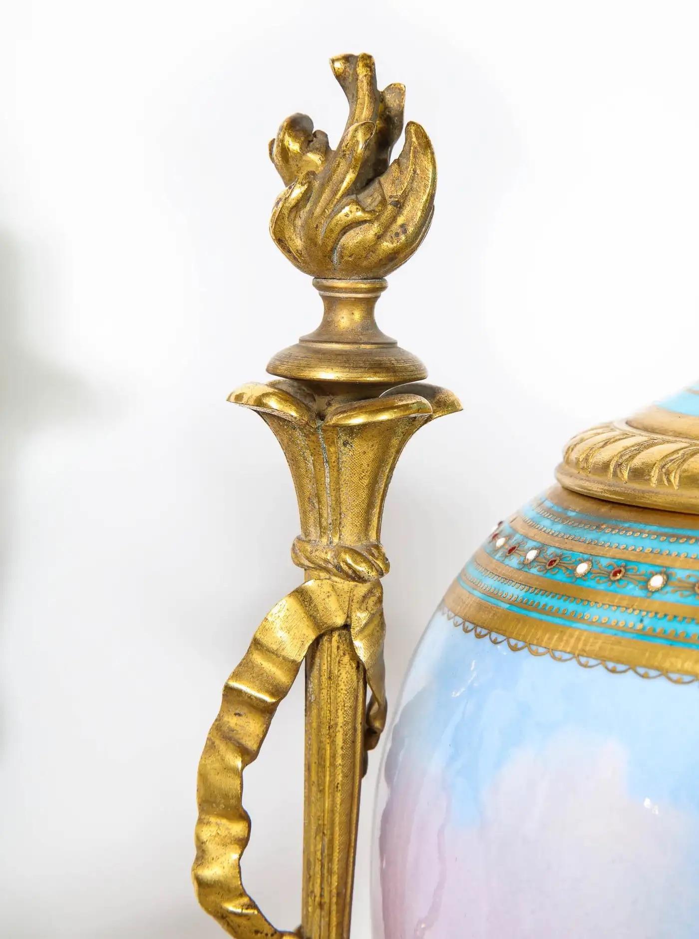 Exceptional French Ormolu-Mounted Turquoise Jeweled Sevres Porcelain Clock Set For Sale 14