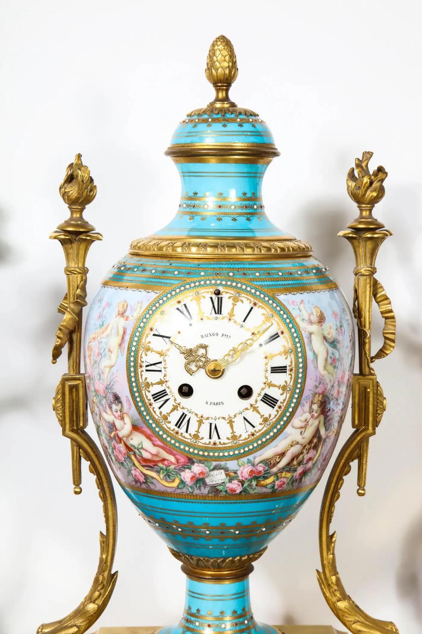 Exceptional French Ormolu-Mounted Turquoise Jeweled Sevres Porcelain Clock Set In Good Condition For Sale In Long Island City, NY