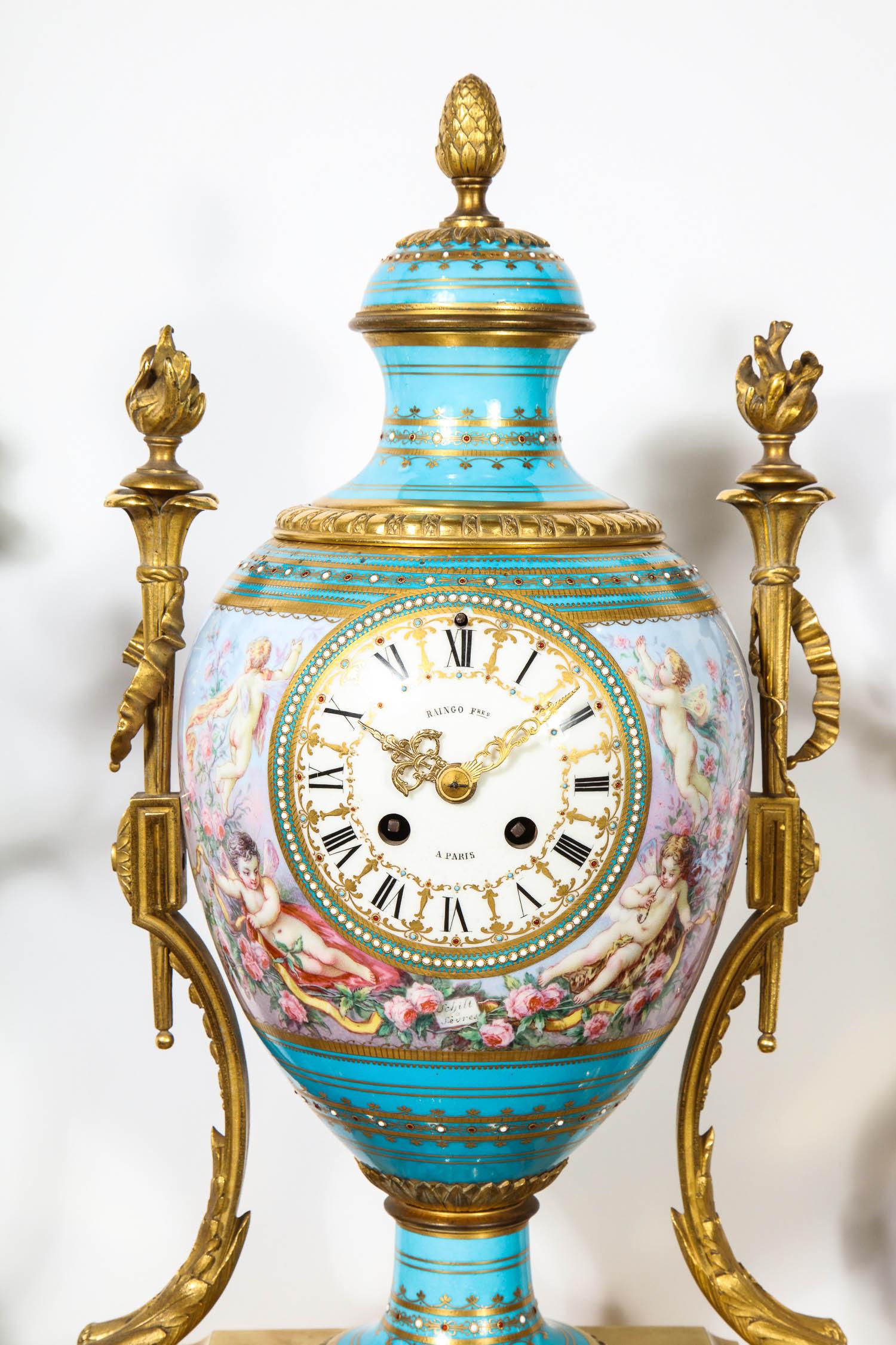Exceptional French Ormolu-Mounted Turquoise Jeweled Sevres Porcelain Clock Set In Good Condition For Sale In New York, NY