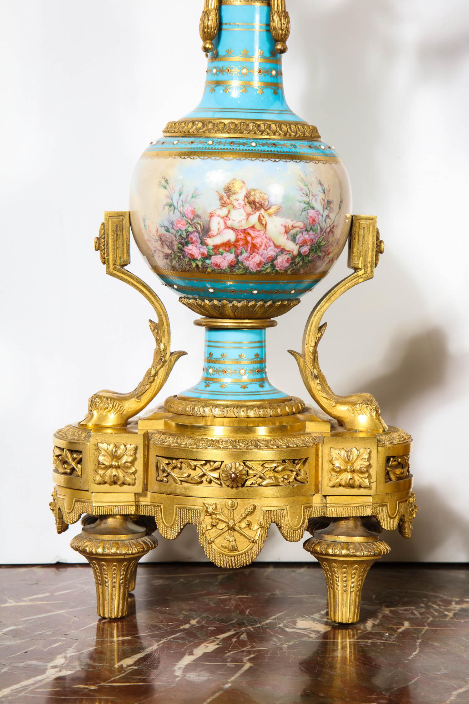 Bronze Exceptional French Ormolu-Mounted Turquoise Jeweled Sevres Porcelain Clock Set For Sale