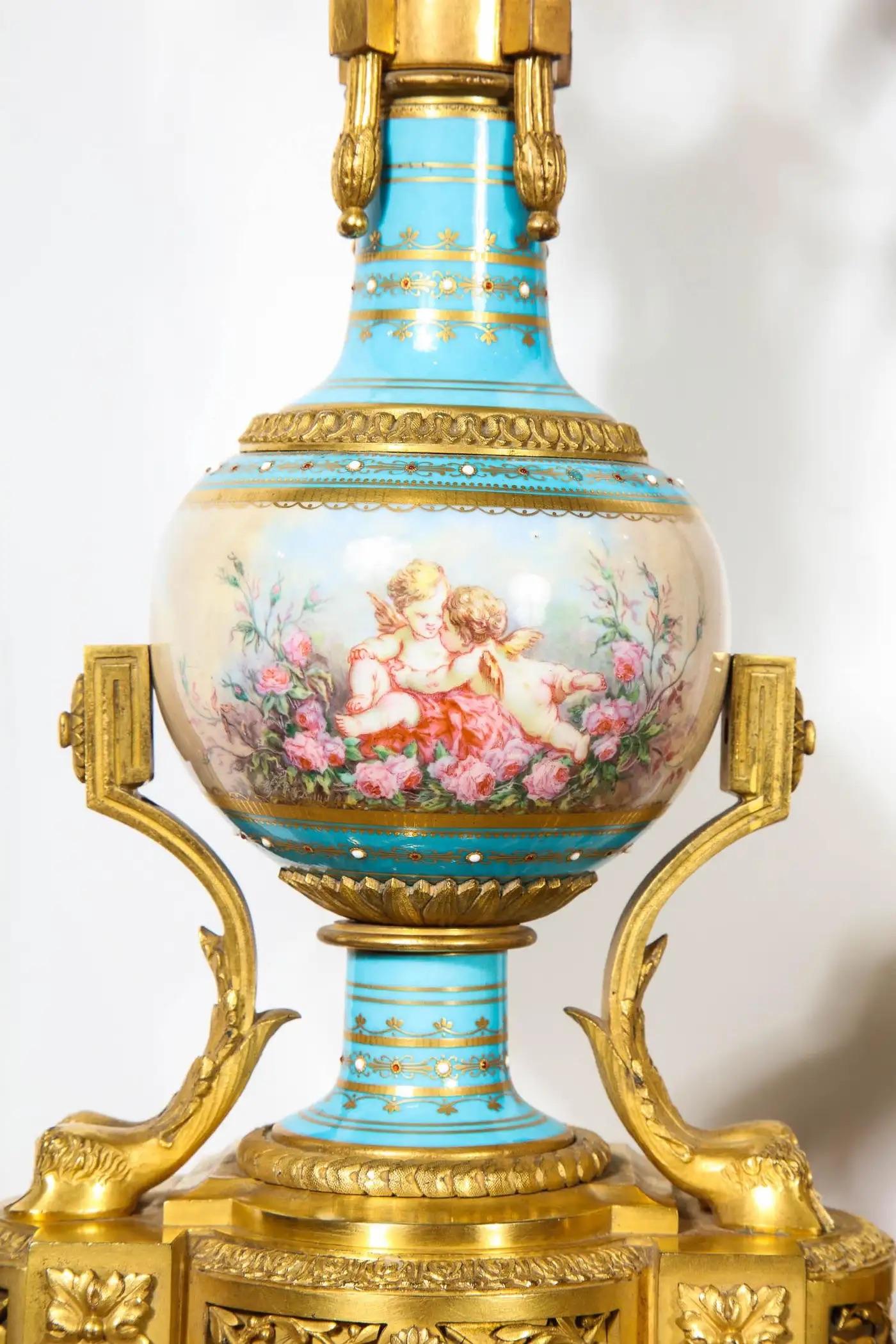 Exceptional French Ormolu-Mounted Turquoise Jeweled Sevres Porcelain Clock Set For Sale 1