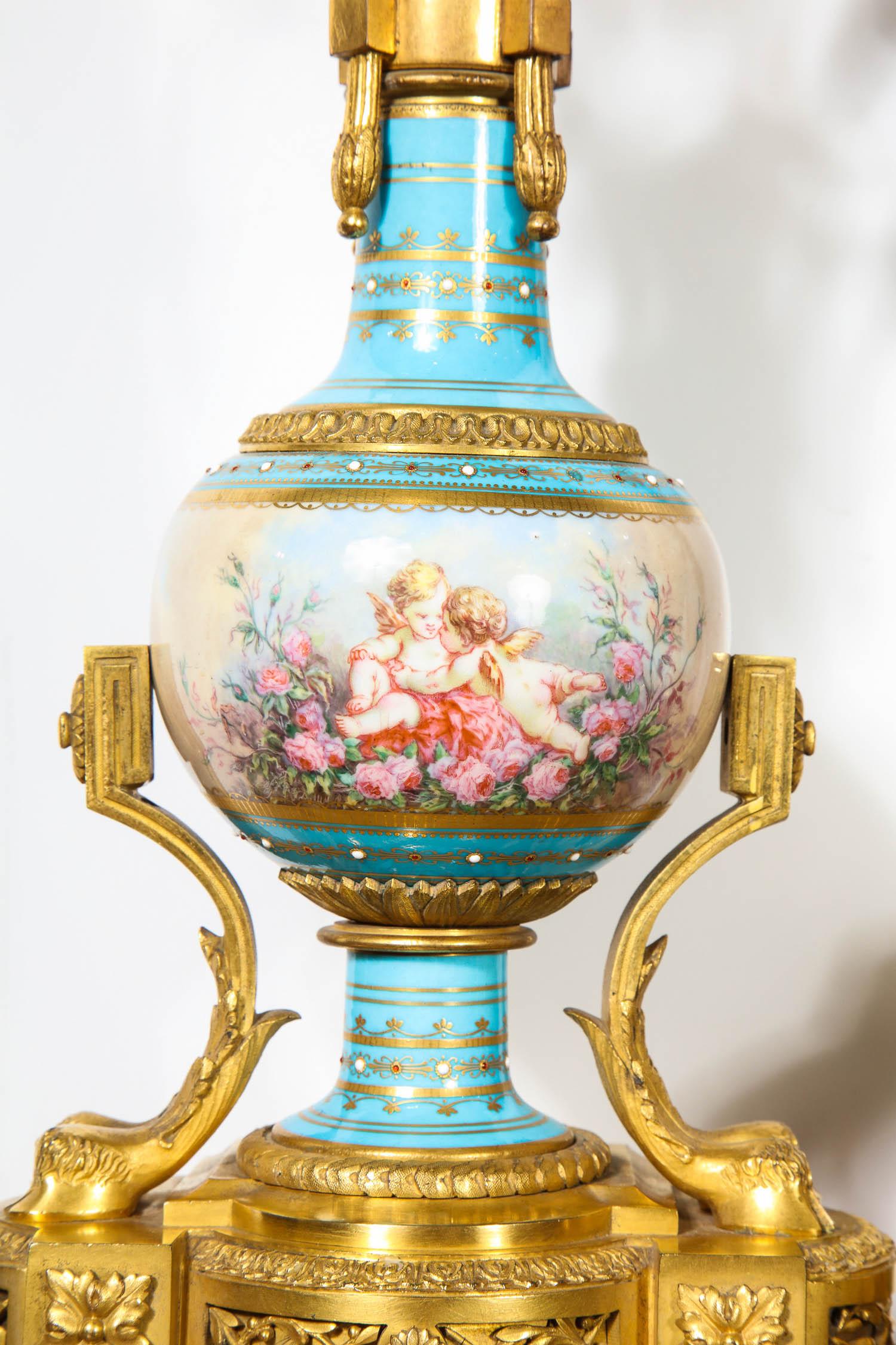 Exceptional French Ormolu-Mounted Turquoise Jeweled Sevres Porcelain Clock Set For Sale 1