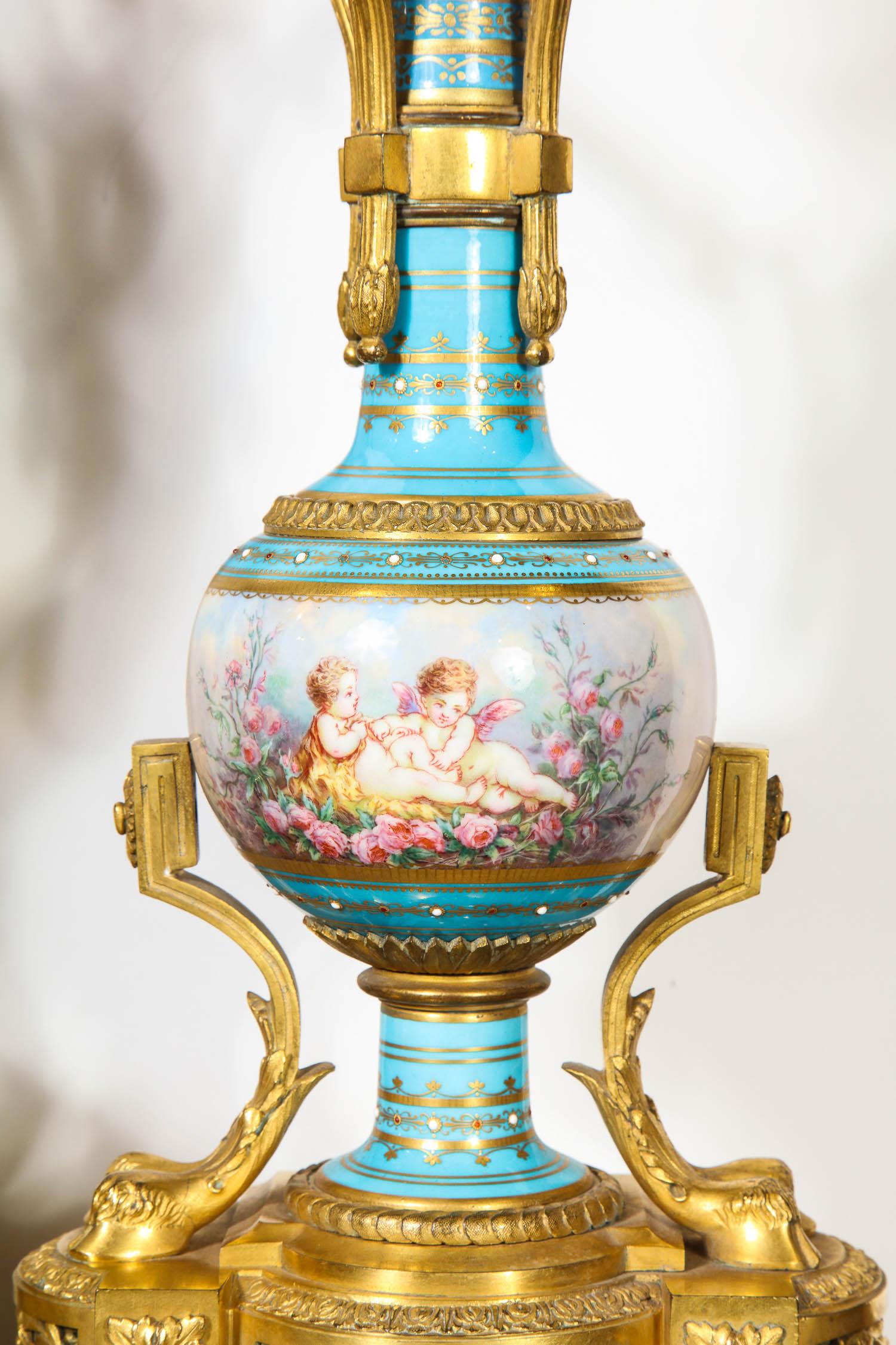 Exceptional French Ormolu-Mounted Turquoise Jeweled Sevres Porcelain Clock Set For Sale 2