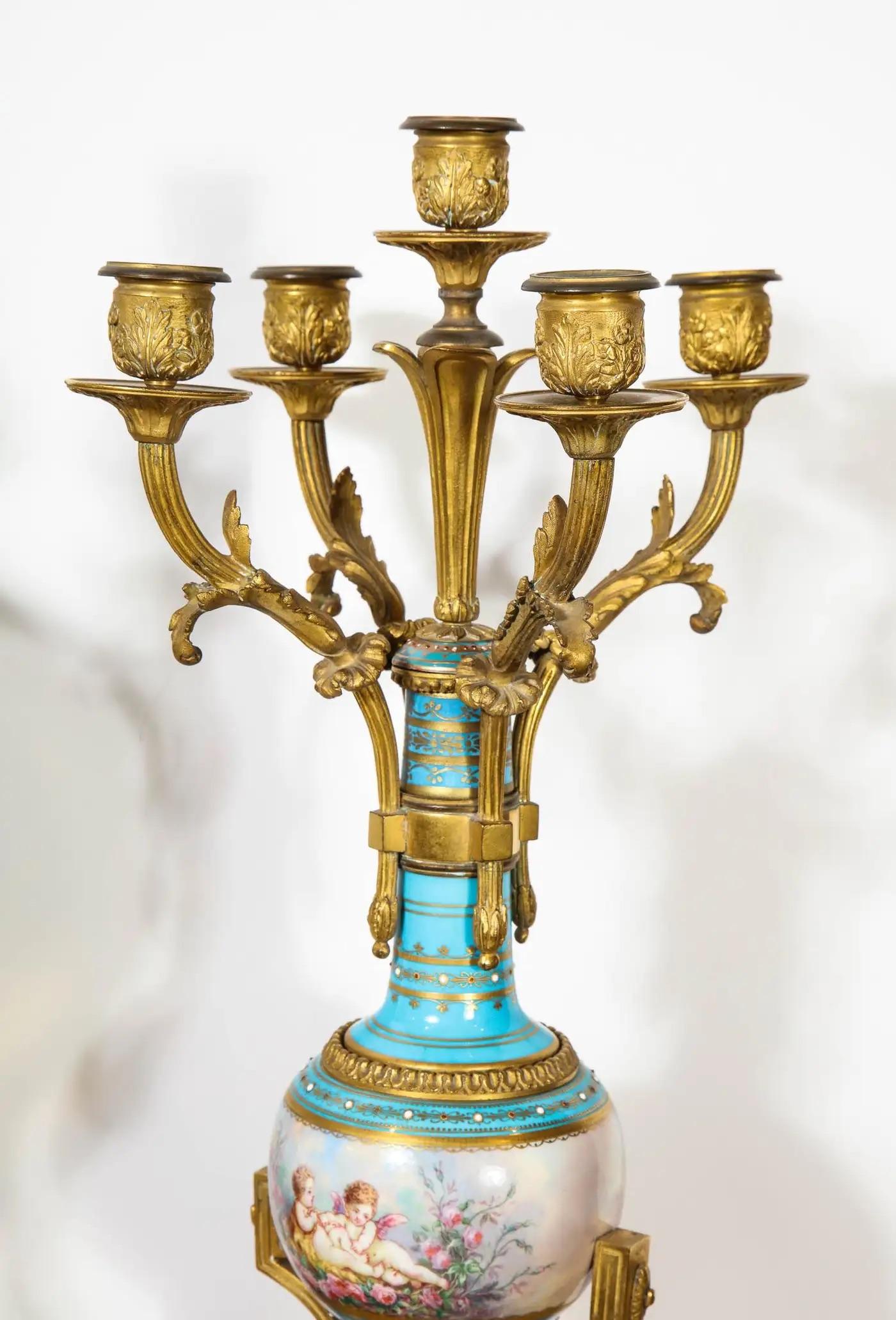 Exceptional French Ormolu-Mounted Turquoise Jeweled Sevres Porcelain Clock Set For Sale 3