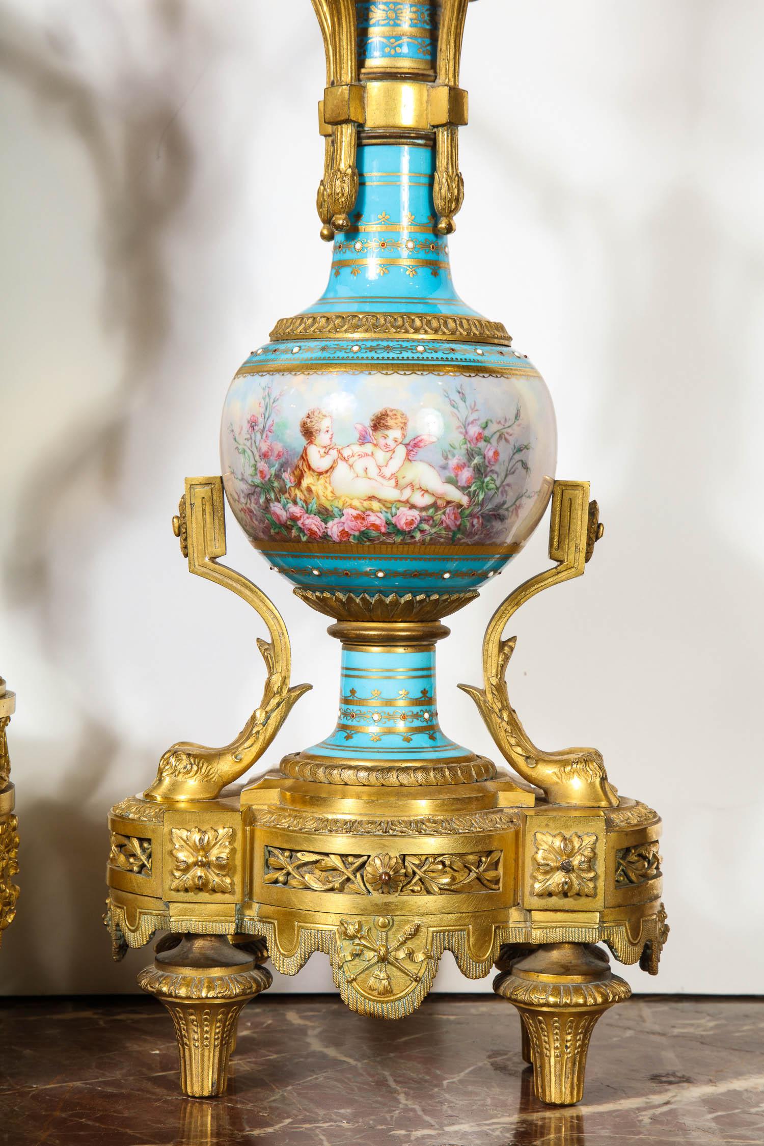 Exceptional French Ormolu-Mounted Turquoise Jeweled Sevres Porcelain Clock Set For Sale 3