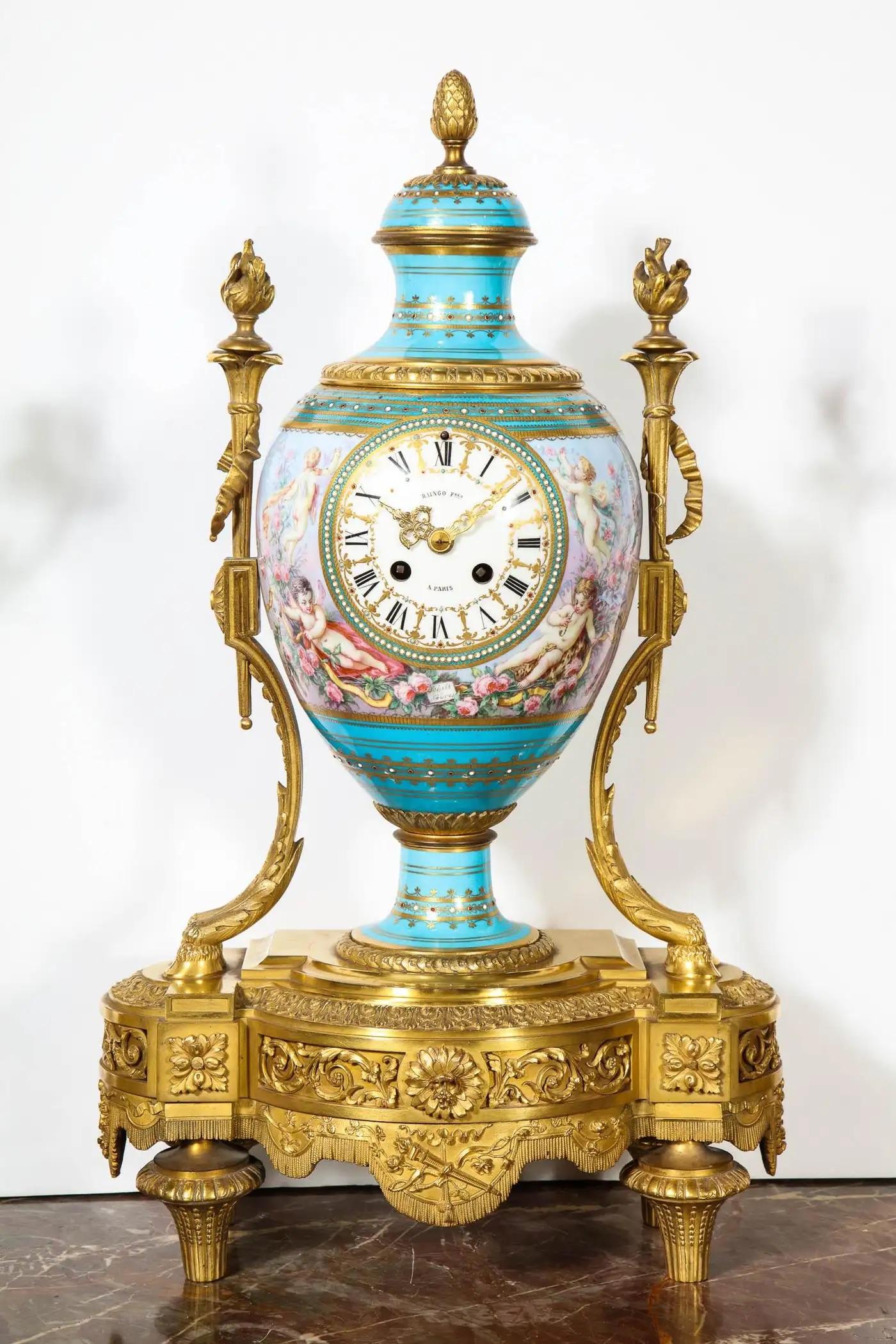 Exceptional French Ormolu-Mounted Turquoise Jeweled Sevres Porcelain Clock Set For Sale 4