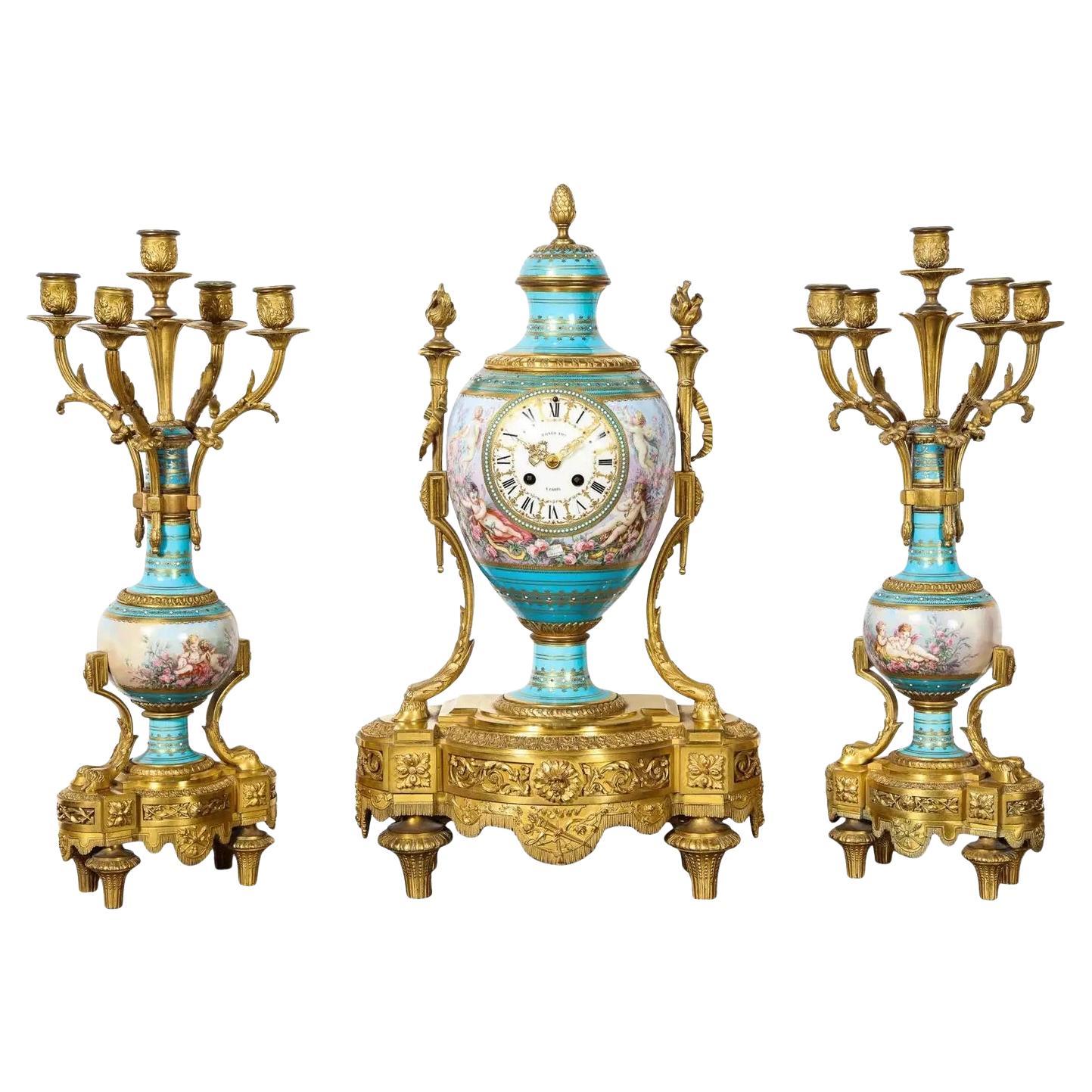 Exceptional French Ormolu-Mounted Turquoise Jeweled Sevres Porcelain Clock Set For Sale