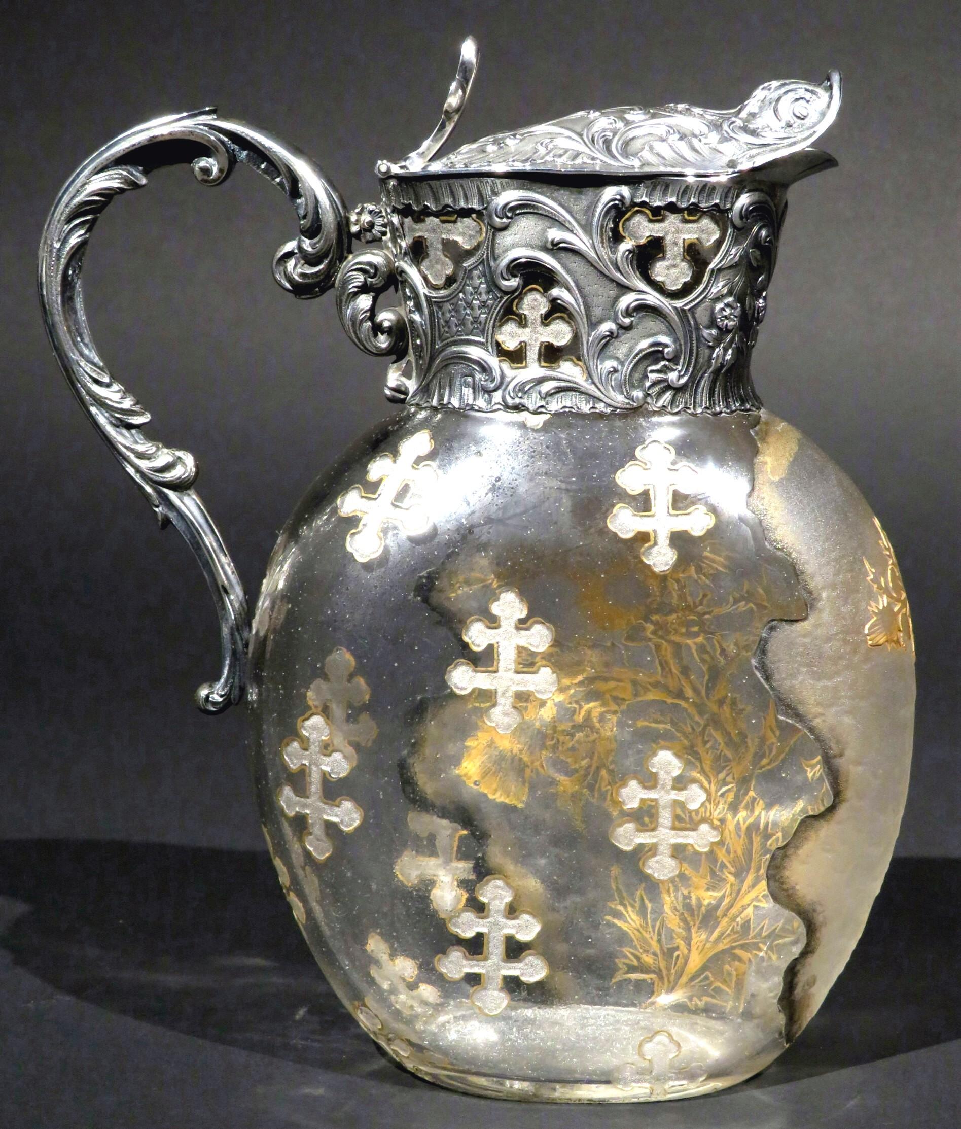Art Nouveau Exceptional French Silver & Daum Glass Wine Ewer / Claret Jug, France Circa 1900 For Sale