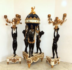 Exceptional French Three Graces Piece Rotary Mystery Clock Set Candelabra Suite