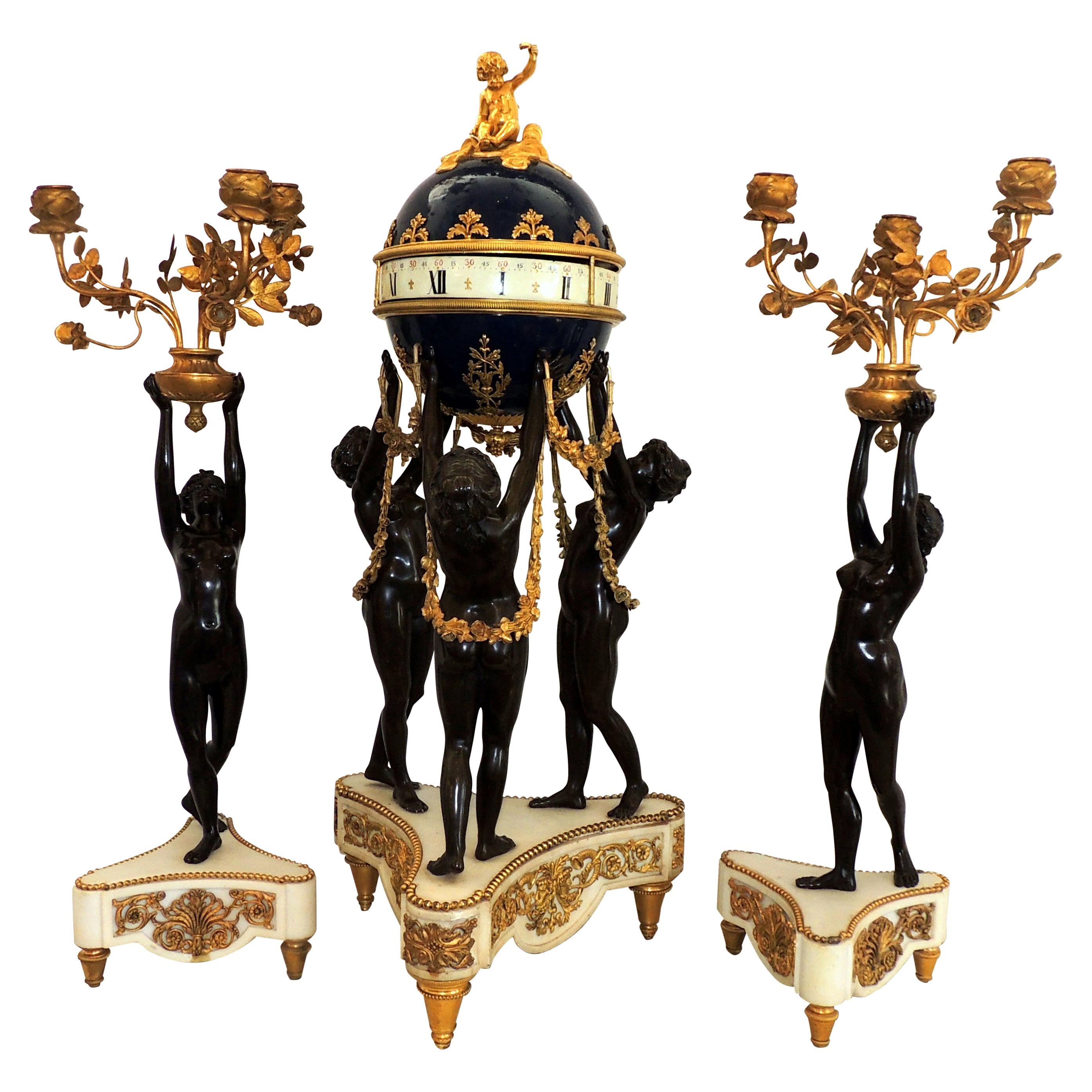 Exceptional French Three Graces Piece Rotary Mystery Clock Set Candelabra Suite