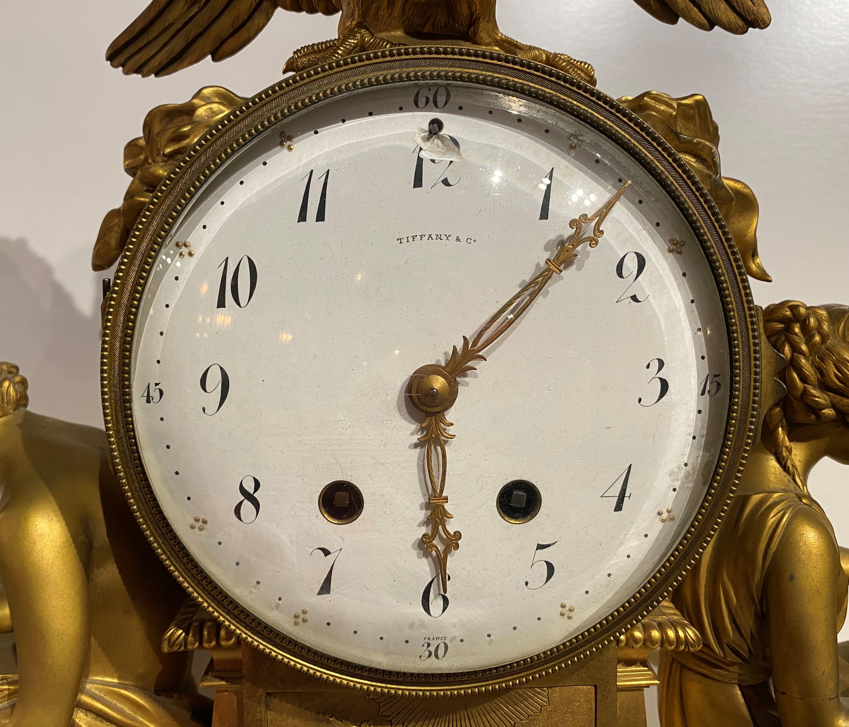 Cast Exceptional French Tiffany & Co Gilt Bronze Mantel Clock with Marble Base For Sale
