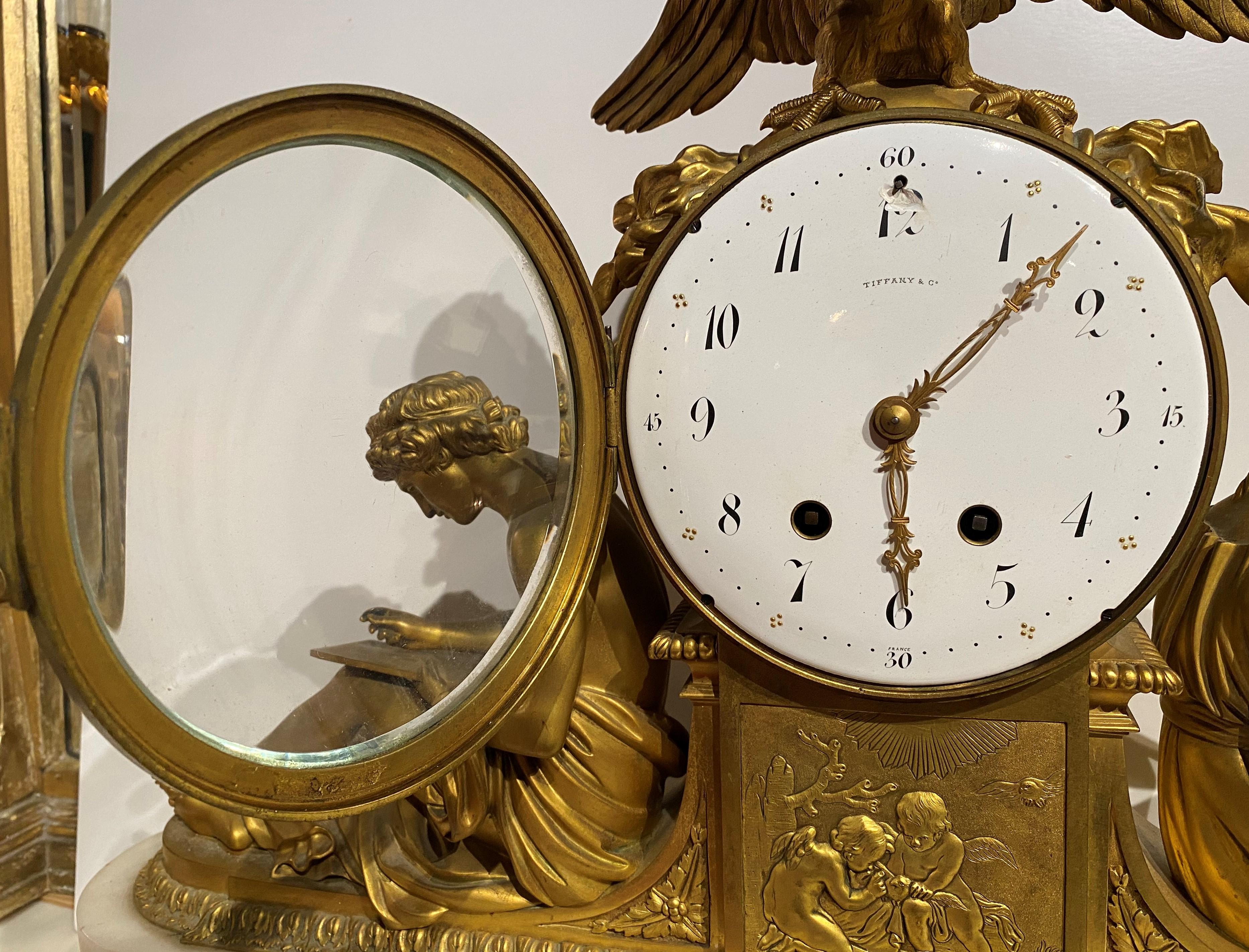 Exceptional French Tiffany & Co Gilt Bronze Mantel Clock with Marble Base In Good Condition For Sale In Milford, NH