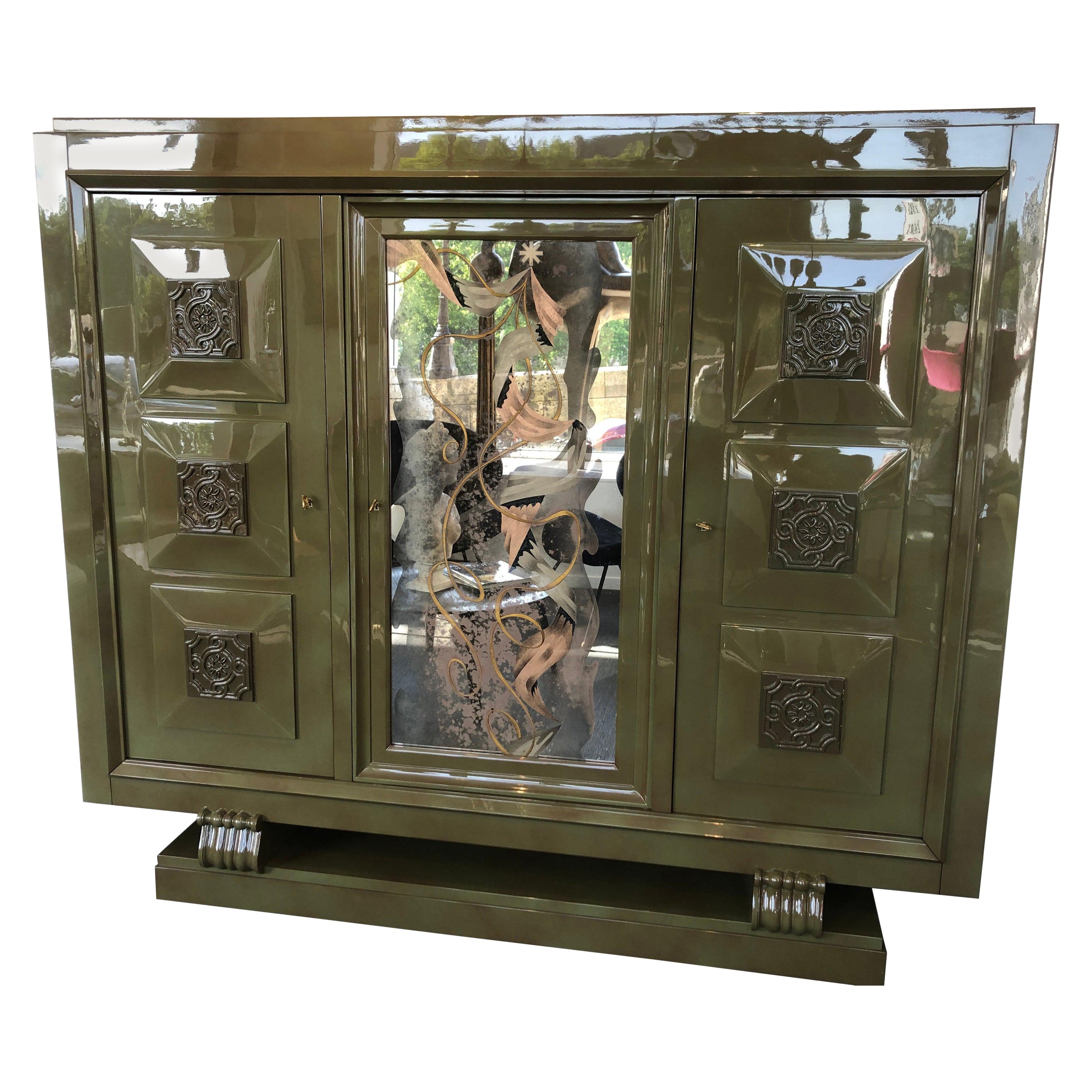 Exceptional Gaston Poisson & Robert Pansart Cabinet Lacquered Mahogany, Art Deco For Sale