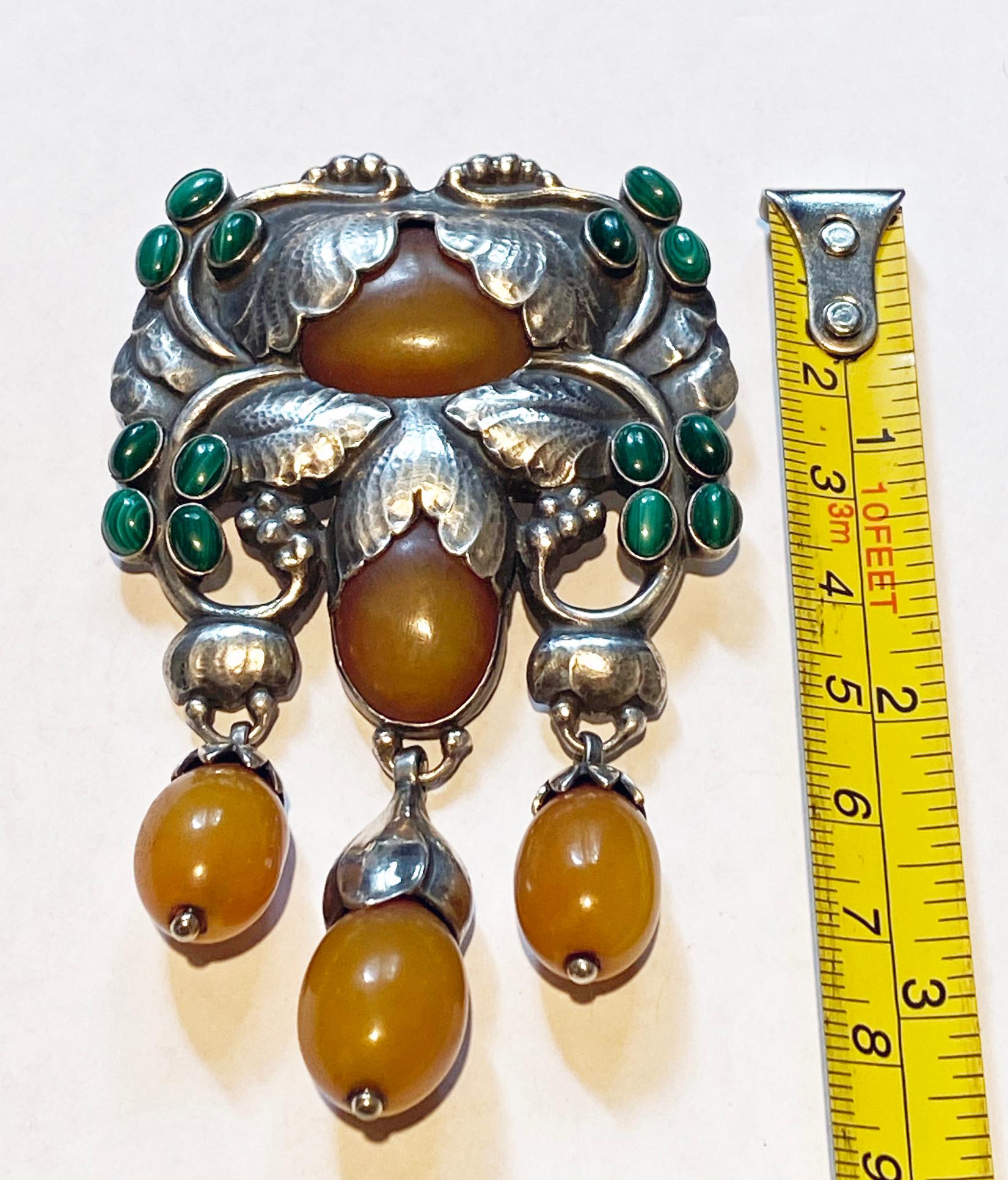 Exceptional Georg Jensen Silver Amber Malachite Master Brooch C.1933 In Good Condition In Toronto, ON