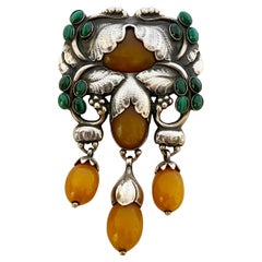 Exceptional Georg Jensen Silver Amber Malachite Master Brooch C.1933