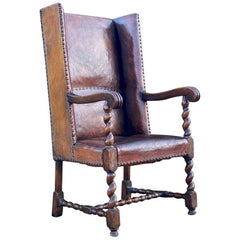 Antique Exceptional George IV Leather and Oak Wingback Armchair, England, circa 1820