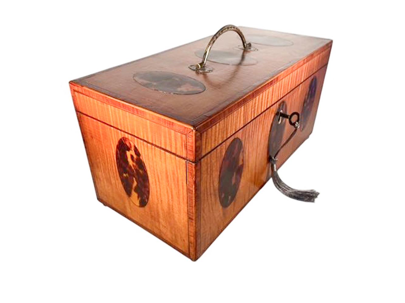 Exceptional Georgian Crossbanded Satinwood Tea Caddy w/ Oval Inlaid Shell Panels For Sale 5