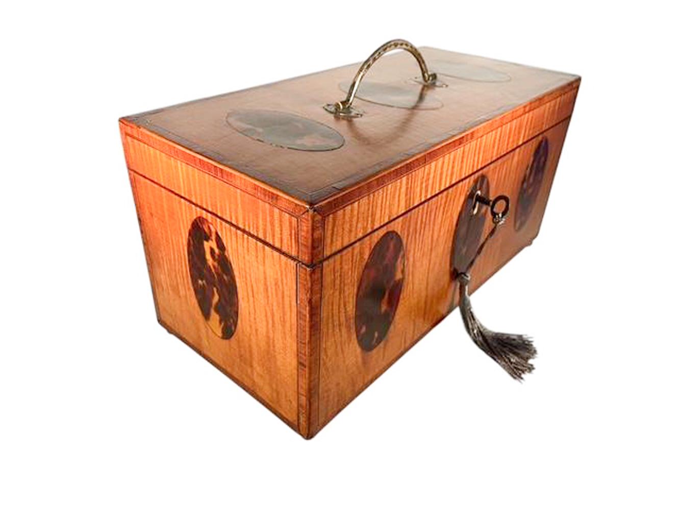 English Exceptional Georgian Crossbanded Satinwood Tea Caddy w/ Oval Inlaid Shell Panels For Sale