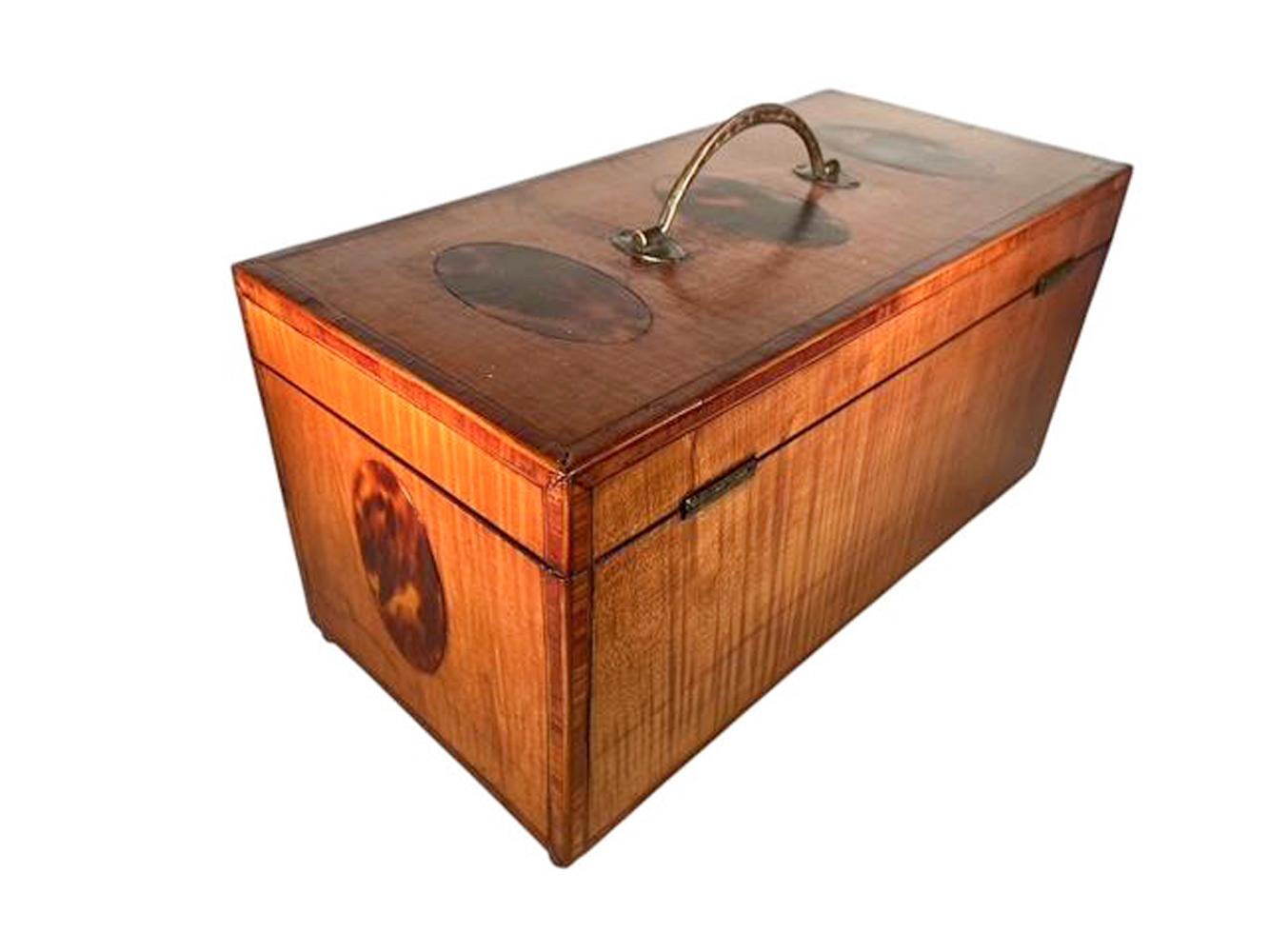 18th Century Exceptional Georgian Crossbanded Satinwood Tea Caddy w/ Oval Inlaid Shell Panels For Sale