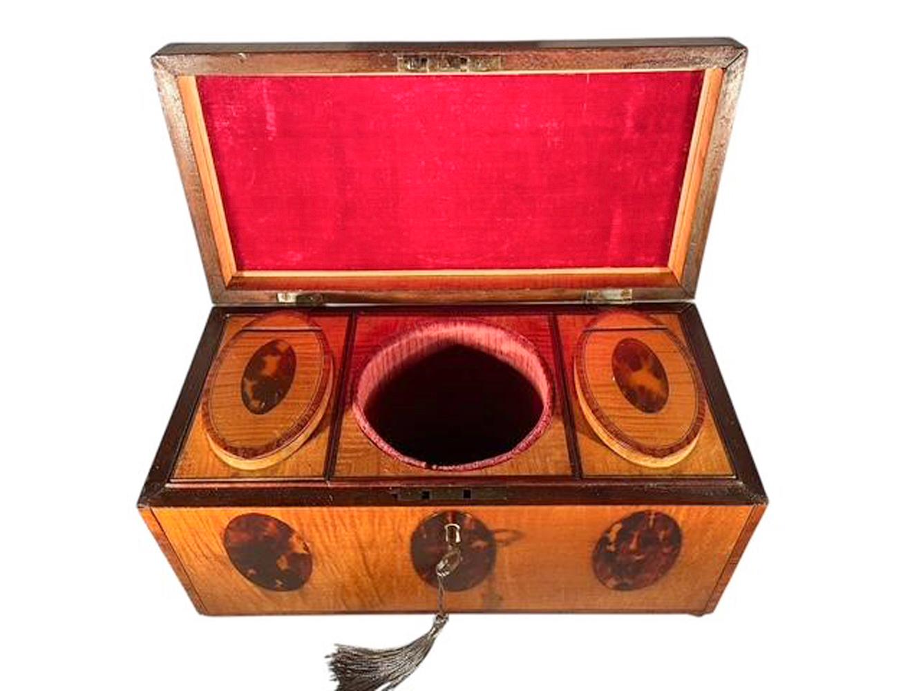 Exceptional Georgian Crossbanded Satinwood Tea Caddy w/ Oval Inlaid Shell Panels For Sale 2