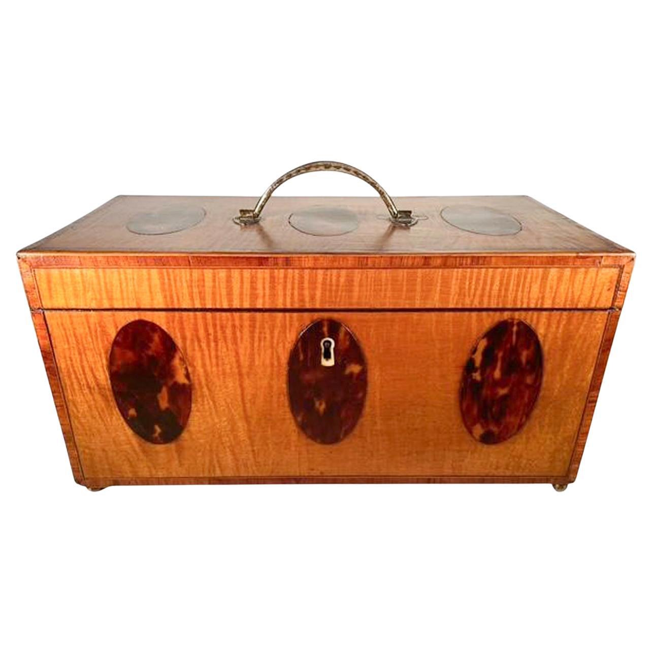 Exceptional Georgian Crossbanded Satinwood Tea Caddy w/ Oval Inlaid Shell Panels For Sale