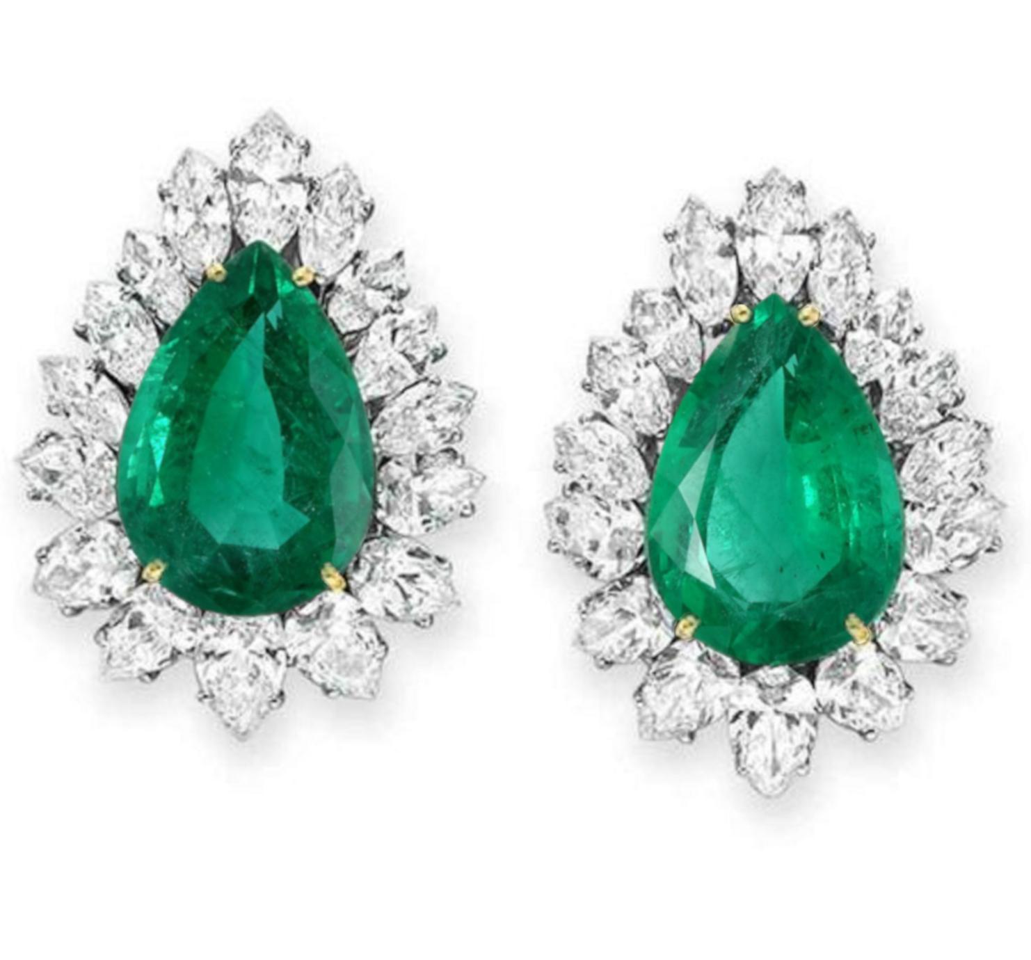 Modern GIA and AGL Certified 24.54 Carat Pear Cut Emeralds Earrings