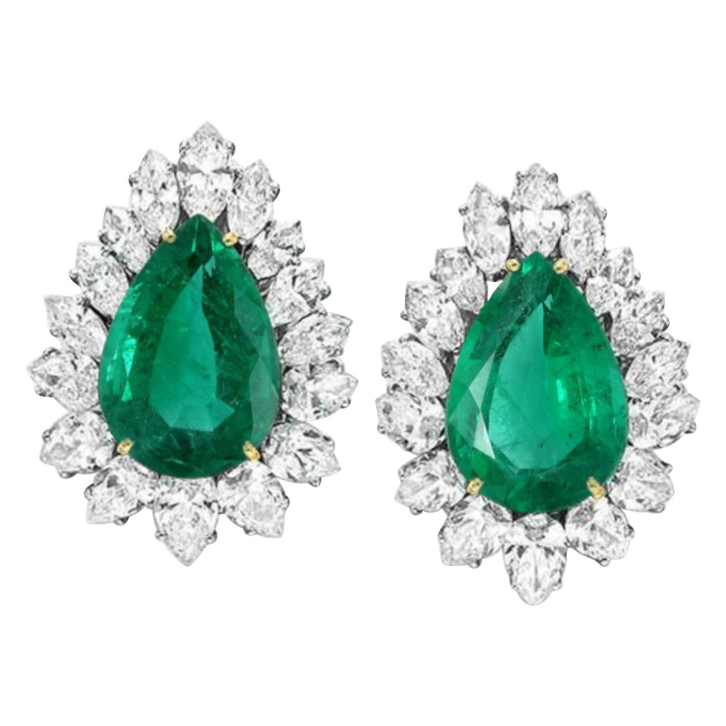 GIA and AGL Certified 24.54 Carat Pear Cut Emeralds Earrings