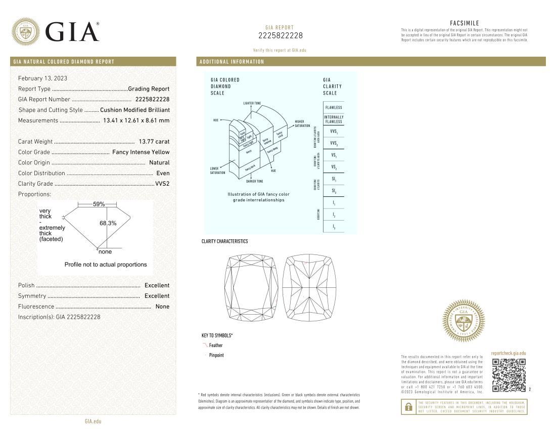 Taille coussin Bague exCEPTIONnelle avec diamant jaune intense de 13,77 carats certifié par le GIA, VVS2 en vente