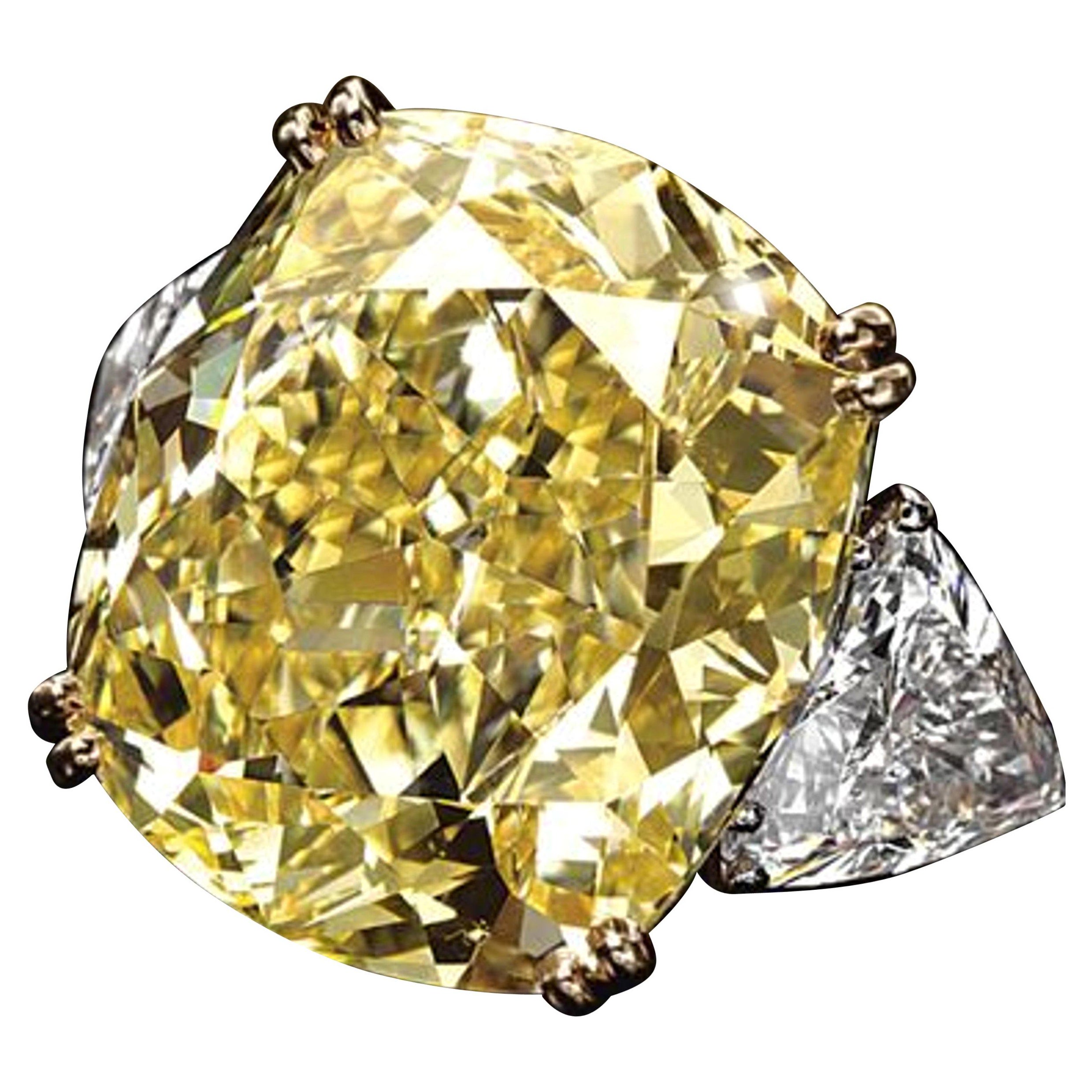 EXCEPTIONAL GIA Certified 14.04 Carat Fancy Yellow Diamond Ring with Trillion For Sale